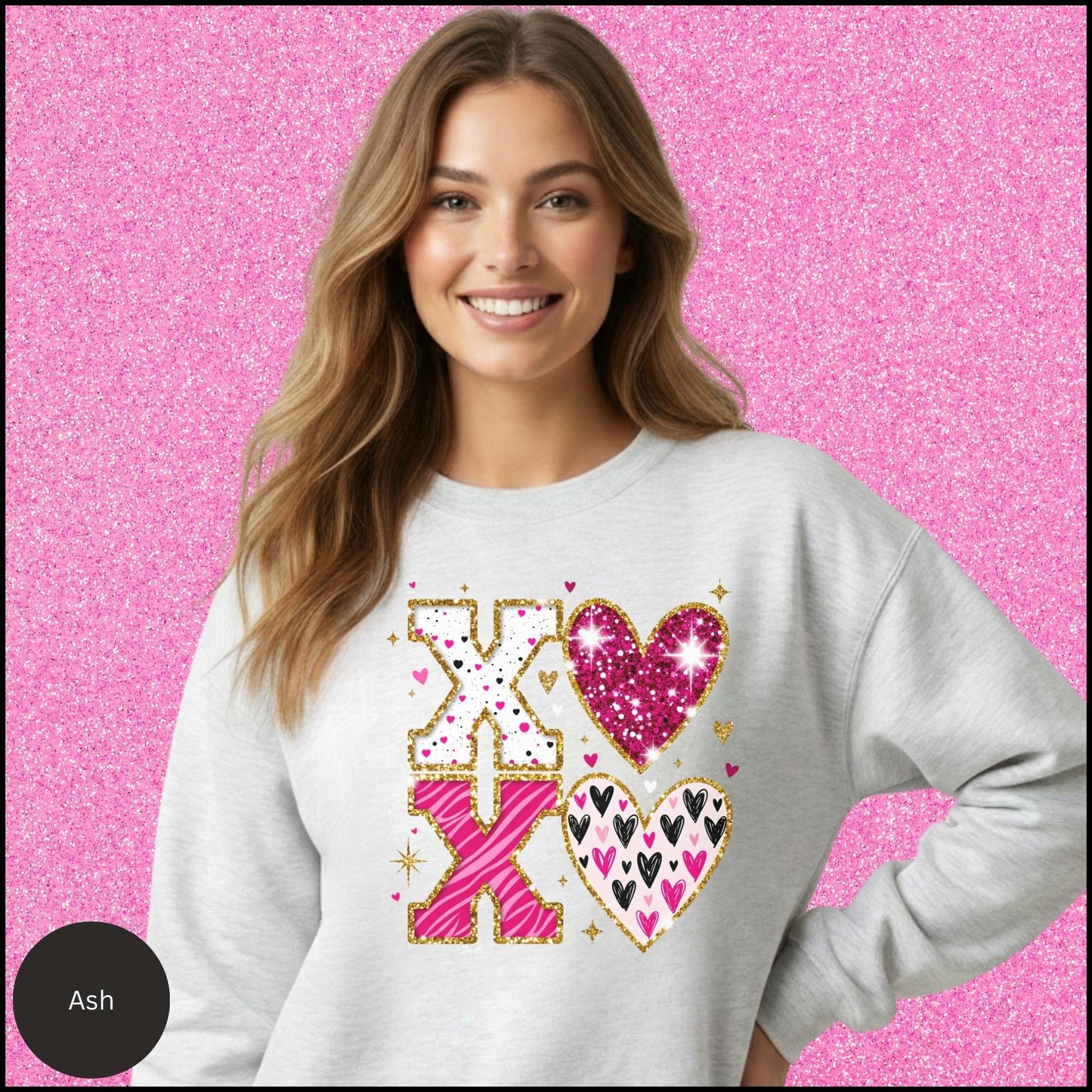 XOXO Sweatshirt, Glitter Valentine Crewneck, Pink Gold Heart Sweatshirt, Sparkly Love Shirt, Valentine Gift for Her