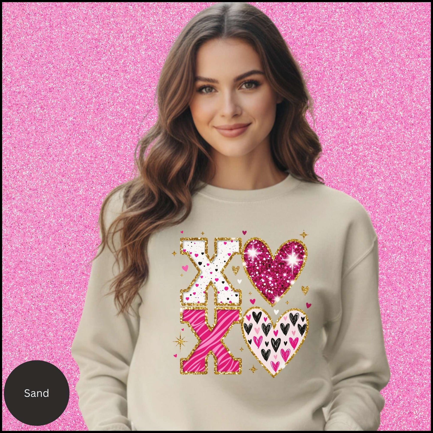 XOXO Sweatshirt, Glitter Valentine Crewneck, Pink Gold Heart Sweatshirt, Sparkly Love Shirt, Valentine Gift for Her