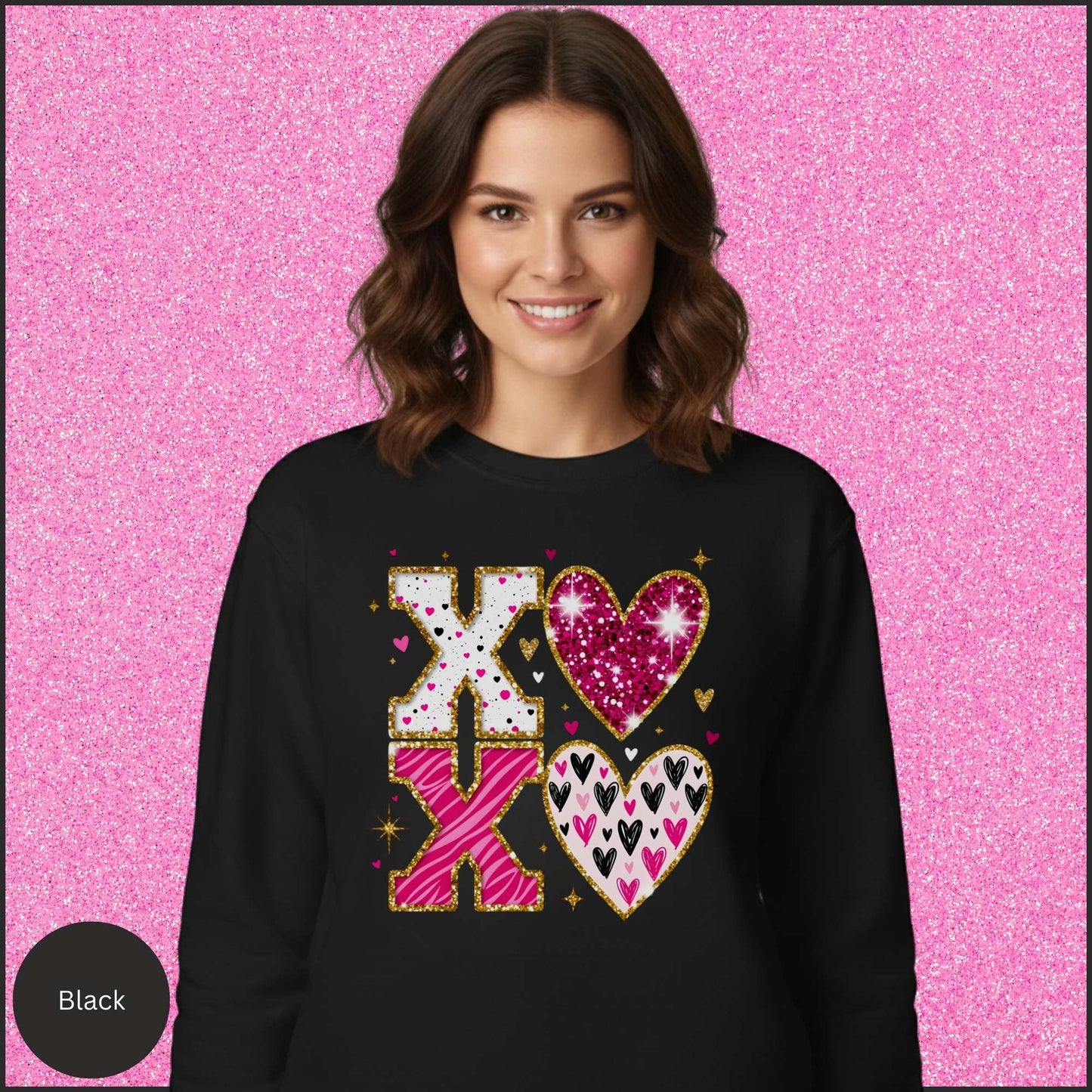 XOXO Sweatshirt, Glitter Valentine Crewneck, Pink Gold Heart Sweatshirt, Sparkly Love Shirt, Valentine Gift for Her