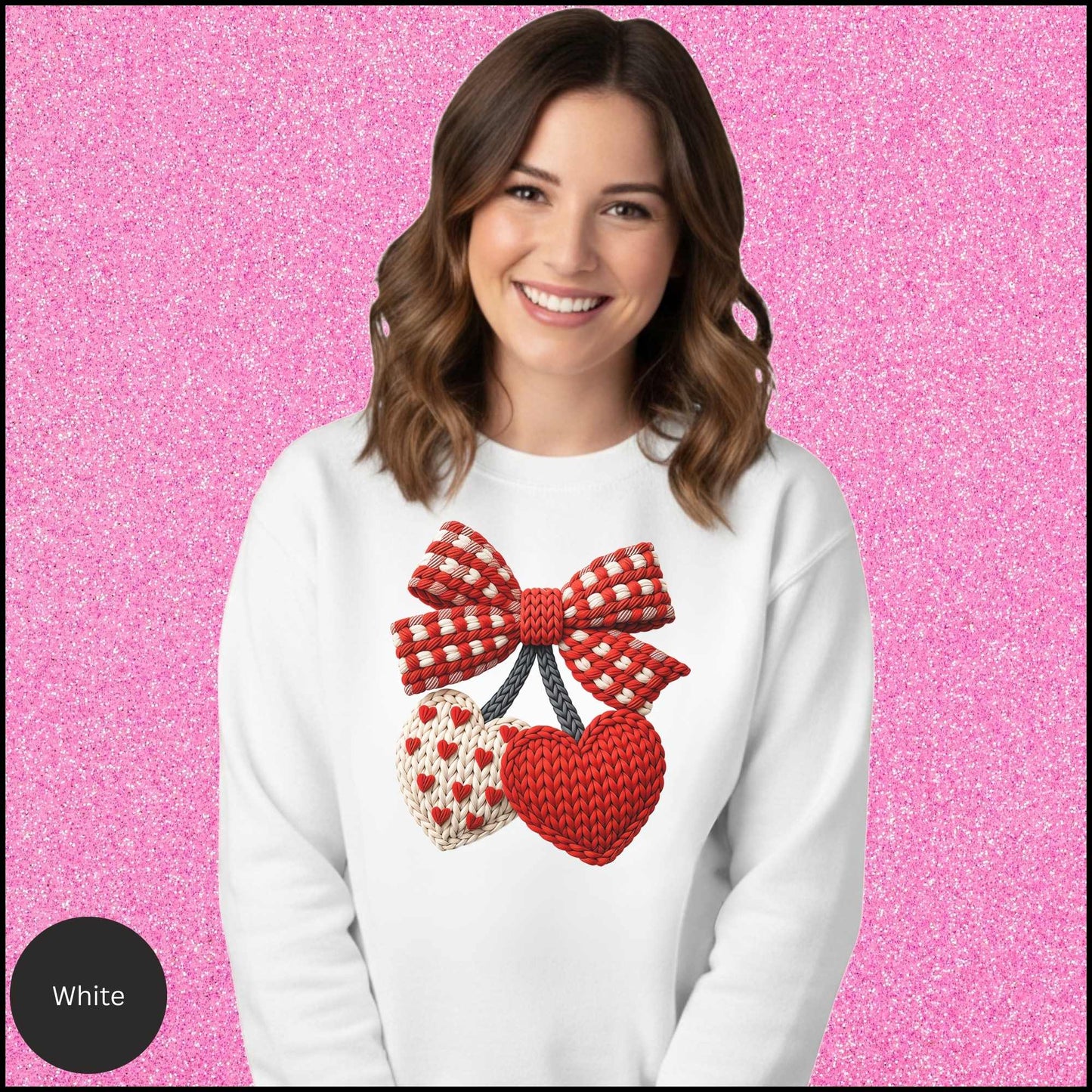 Valentine Heart Sweatshirt, Knit Heart Bow Crewneck, Faux Crochet Love Sweatshirt, Cozy Valentine Shirt, Gift for Her