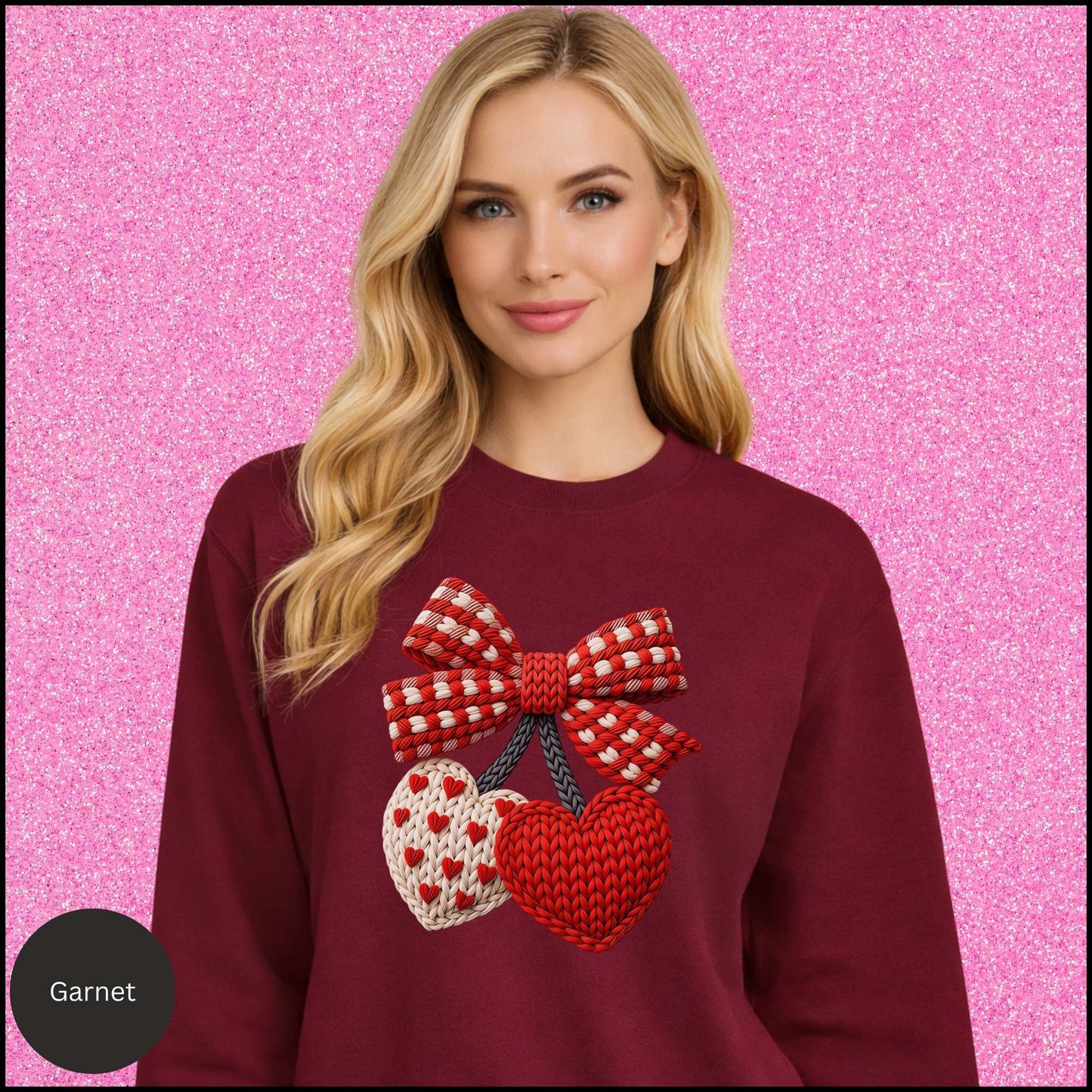 Valentine Heart Sweatshirt, Knit Heart Bow Crewneck, Faux Crochet Love Sweatshirt, Cozy Valentine Shirt, Gift for Her