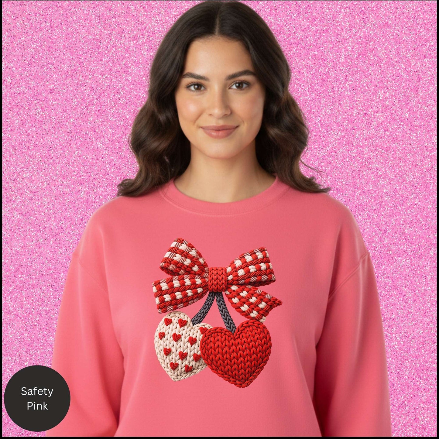 Valentine Heart Sweatshirt, Knit Heart Bow Crewneck, Faux Crochet Love Sweatshirt, Cozy Valentine Shirt, Gift for Her