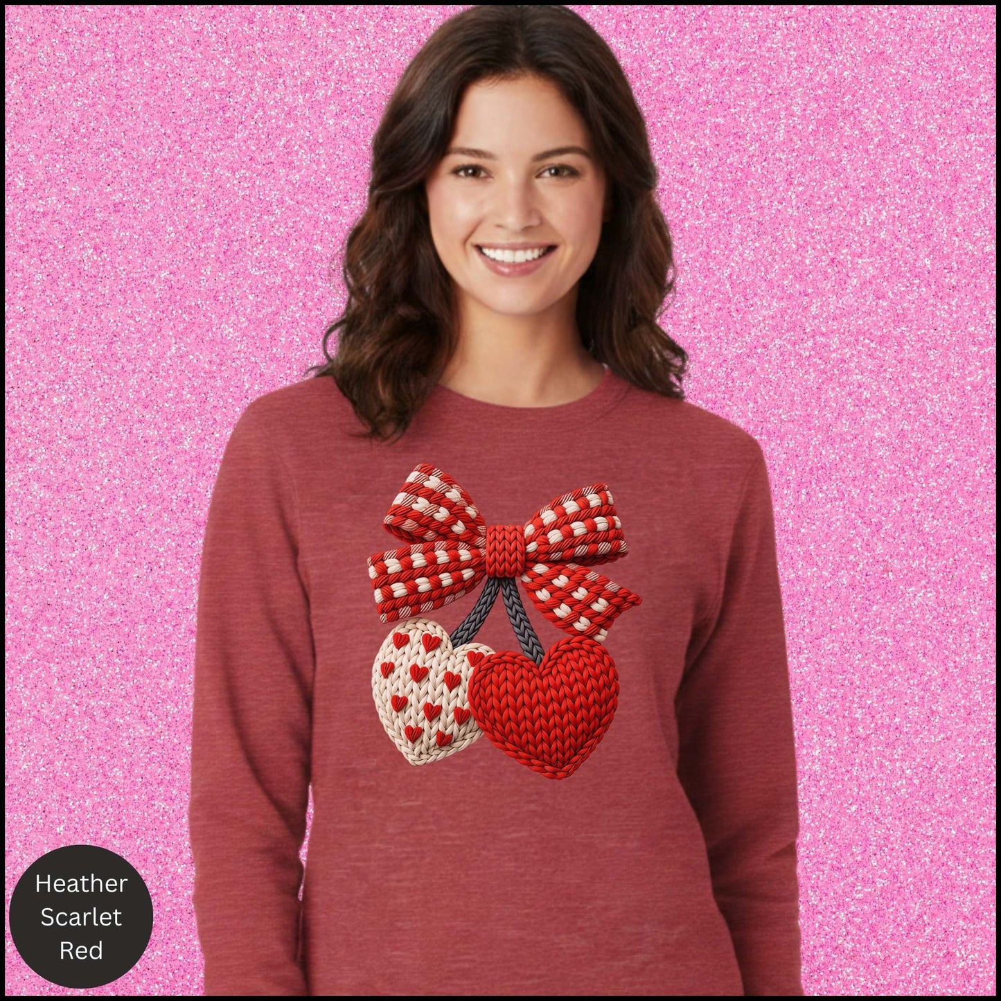 Valentine Heart Sweatshirt, Knit Heart Bow Crewneck, Faux Crochet Love Sweatshirt, Cozy Valentine Shirt, Gift for Her