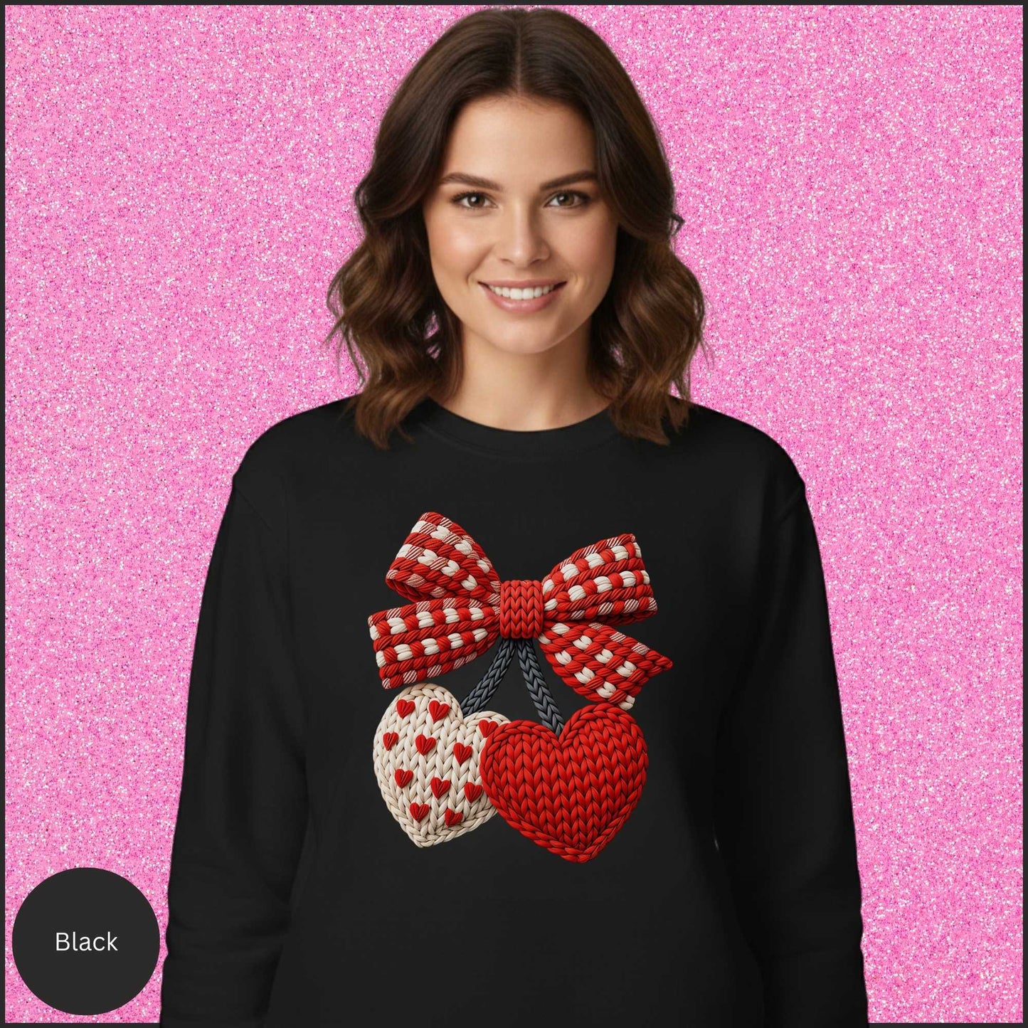Valentine Heart Sweatshirt, Knit Heart Bow Crewneck, Faux Crochet Love Sweatshirt, Cozy Valentine Shirt, Gift for Her