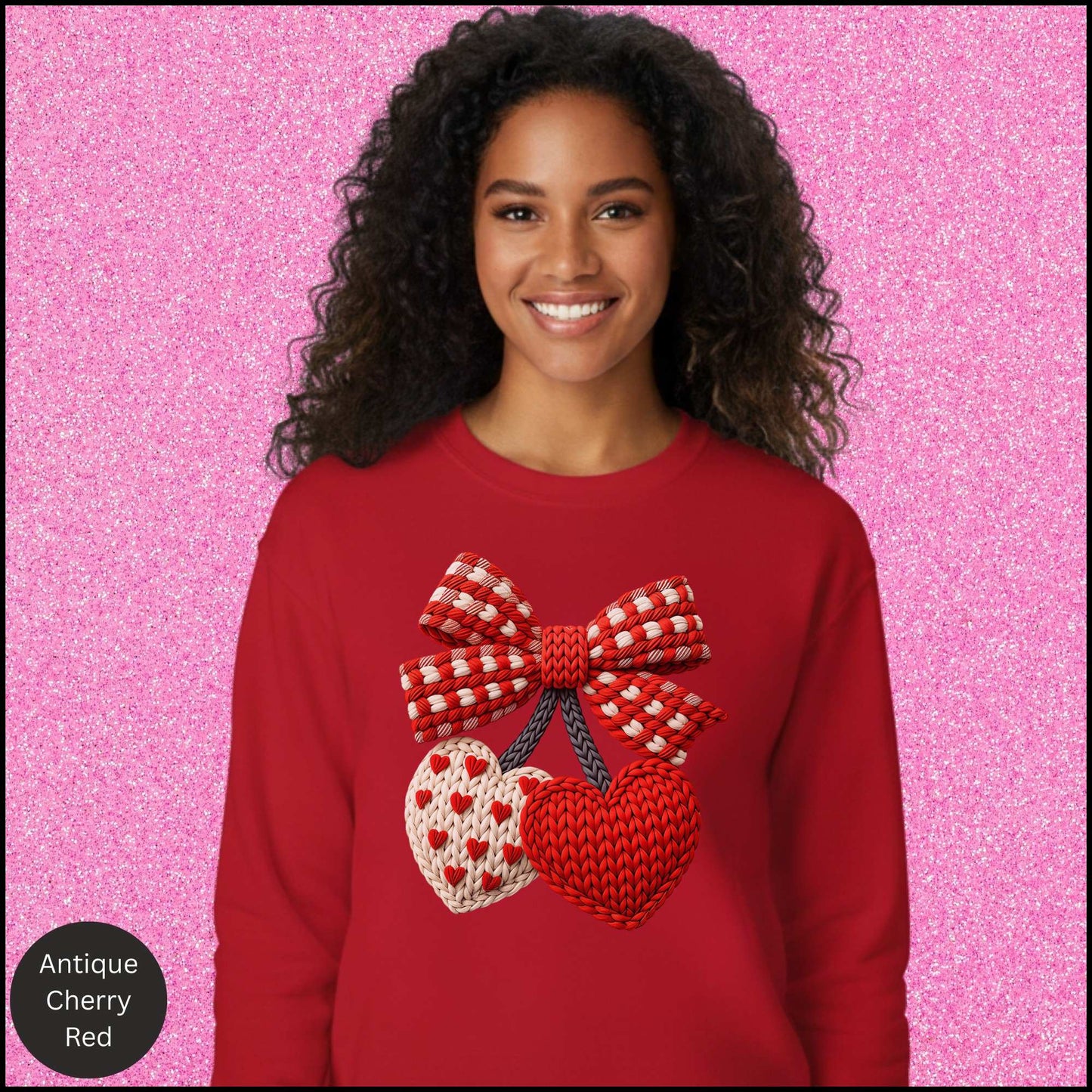 Valentine Heart Sweatshirt, Knit Heart Bow Crewneck, Faux Crochet Love Sweatshirt, Cozy Valentine Shirt, Gift for Her