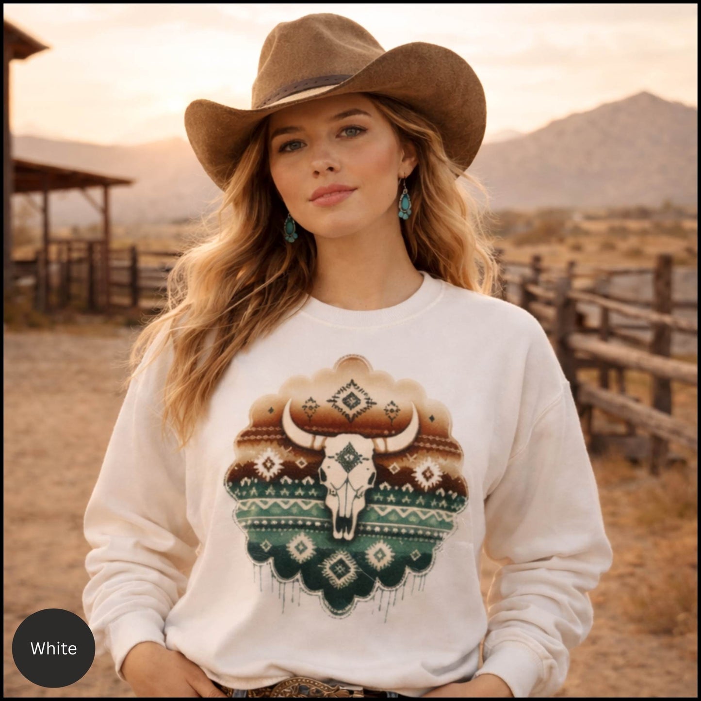 Southwestern Buffalo Skull Crewneck – Western Boho Aztec Graphic Sweatshirt