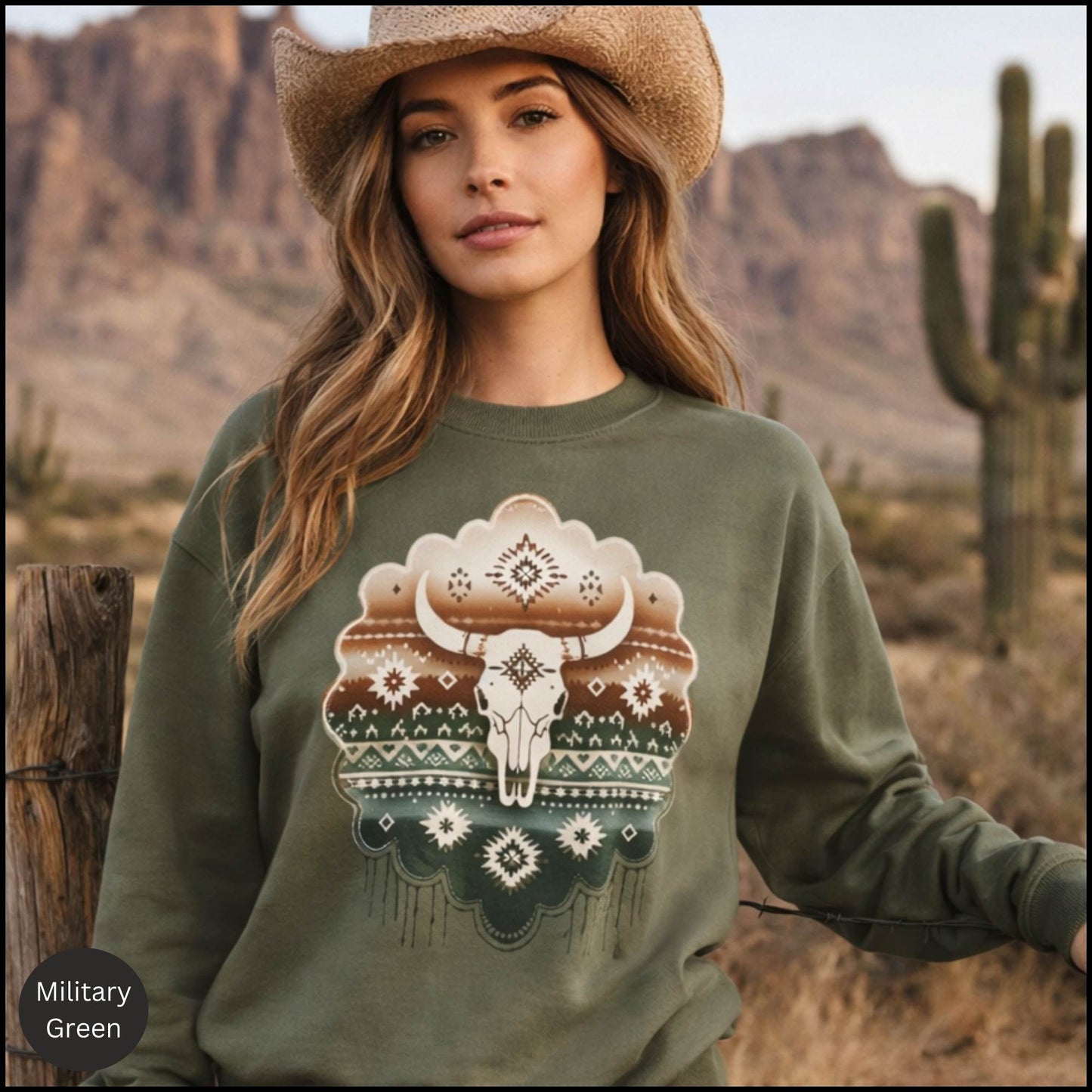 Southwestern Buffalo Skull Crewneck – Western Boho Aztec Graphic Sweatshirt