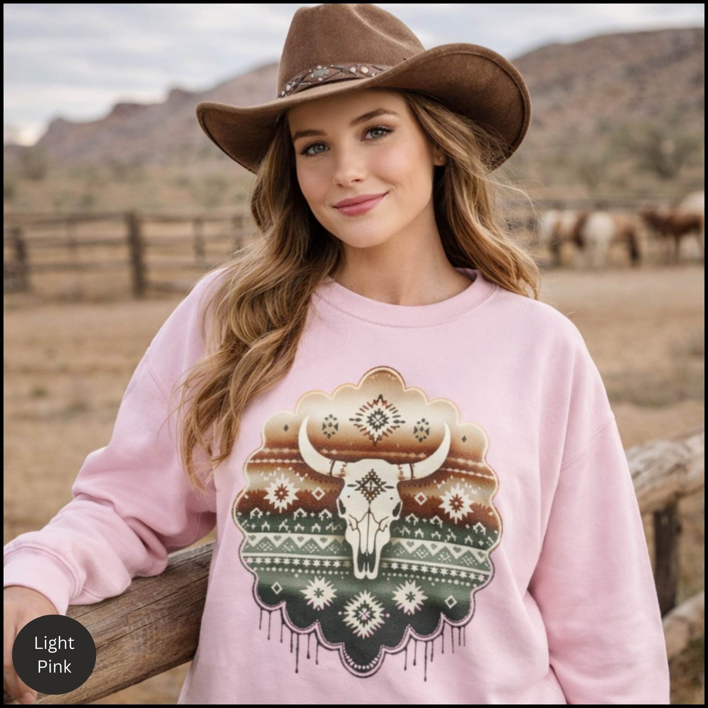 Southwestern Buffalo Skull Crewneck – Western Boho Aztec Graphic Sweatshirt
