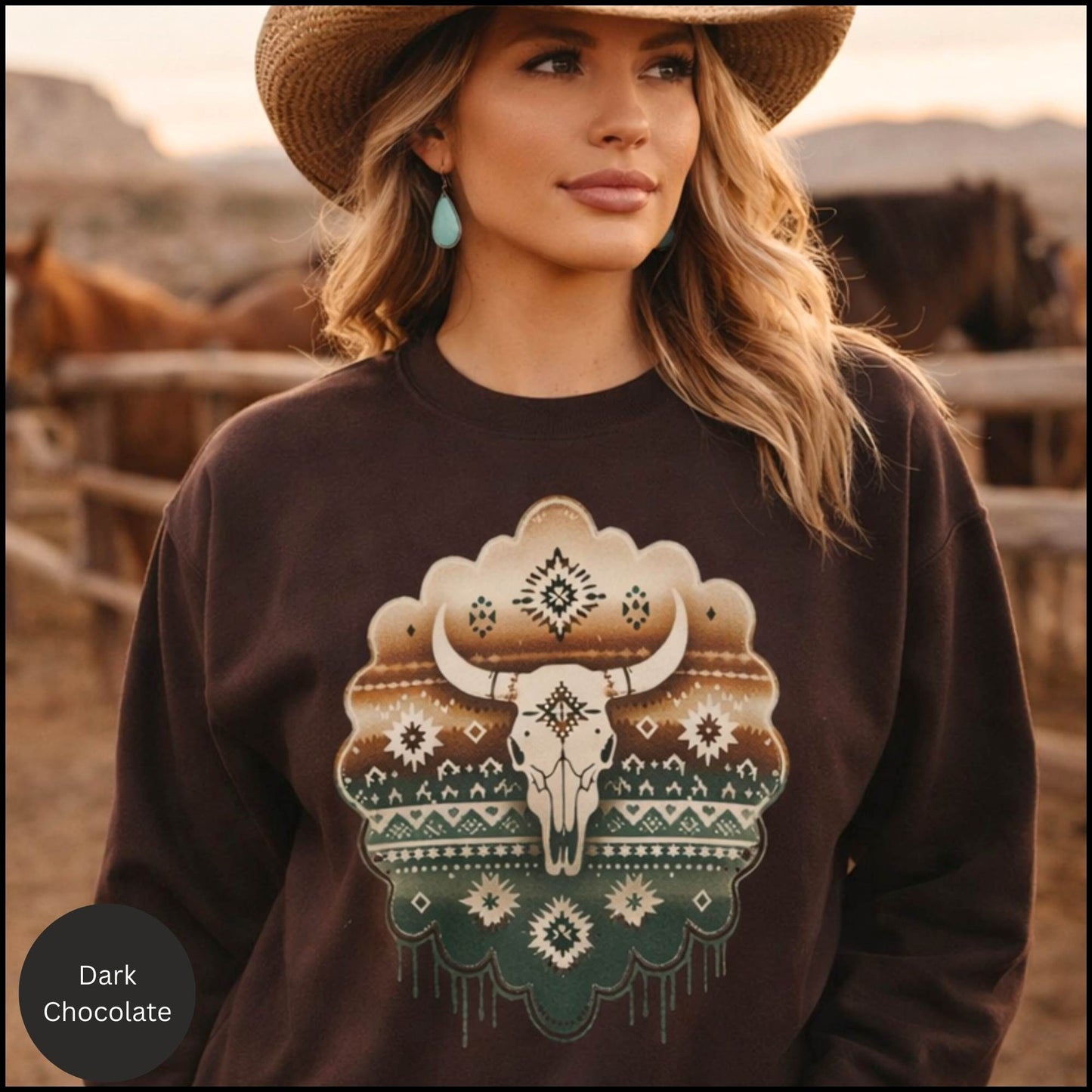 Southwestern Buffalo Skull Crewneck – Western Boho Aztec Graphic Sweatshirt