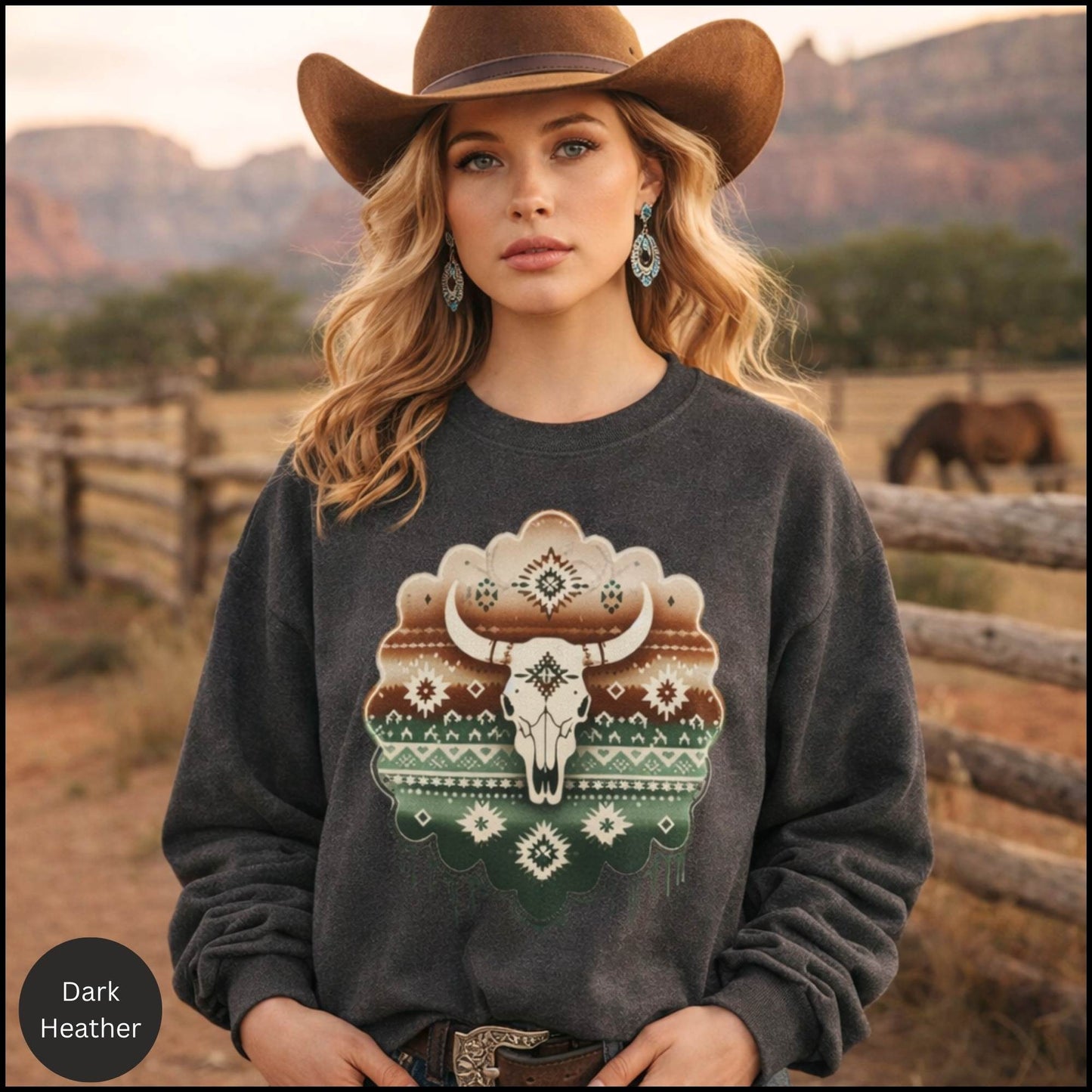 Southwestern Buffalo Skull Crewneck – Western Boho Aztec Graphic Sweatshirt