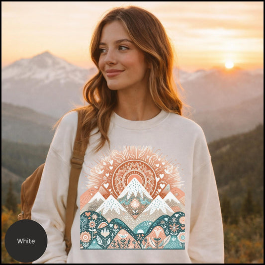 Boho Mountain Sunrise Crewneck – Nature-Inspired Folk Art Graphic Sweatshirt