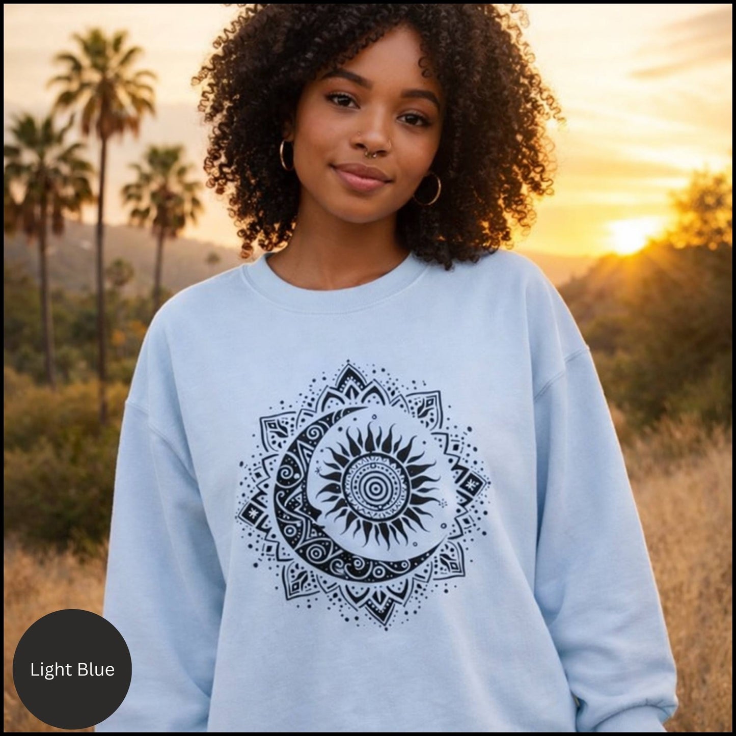 Celestial Sun & Moon Mandala Crewneck – Boho Spiritual Graphic Sweatshirt