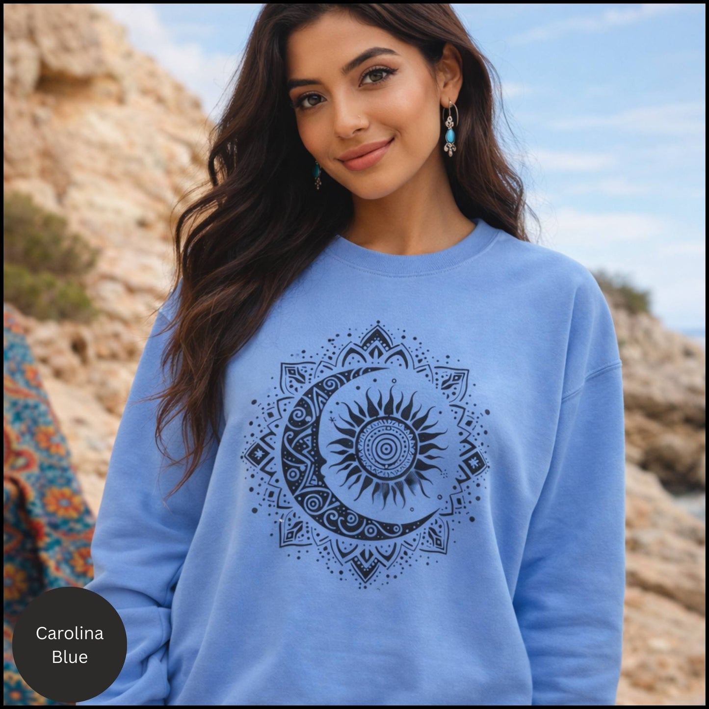 Celestial Sun & Moon Mandala Crewneck – Boho Spiritual Graphic Sweatshirt