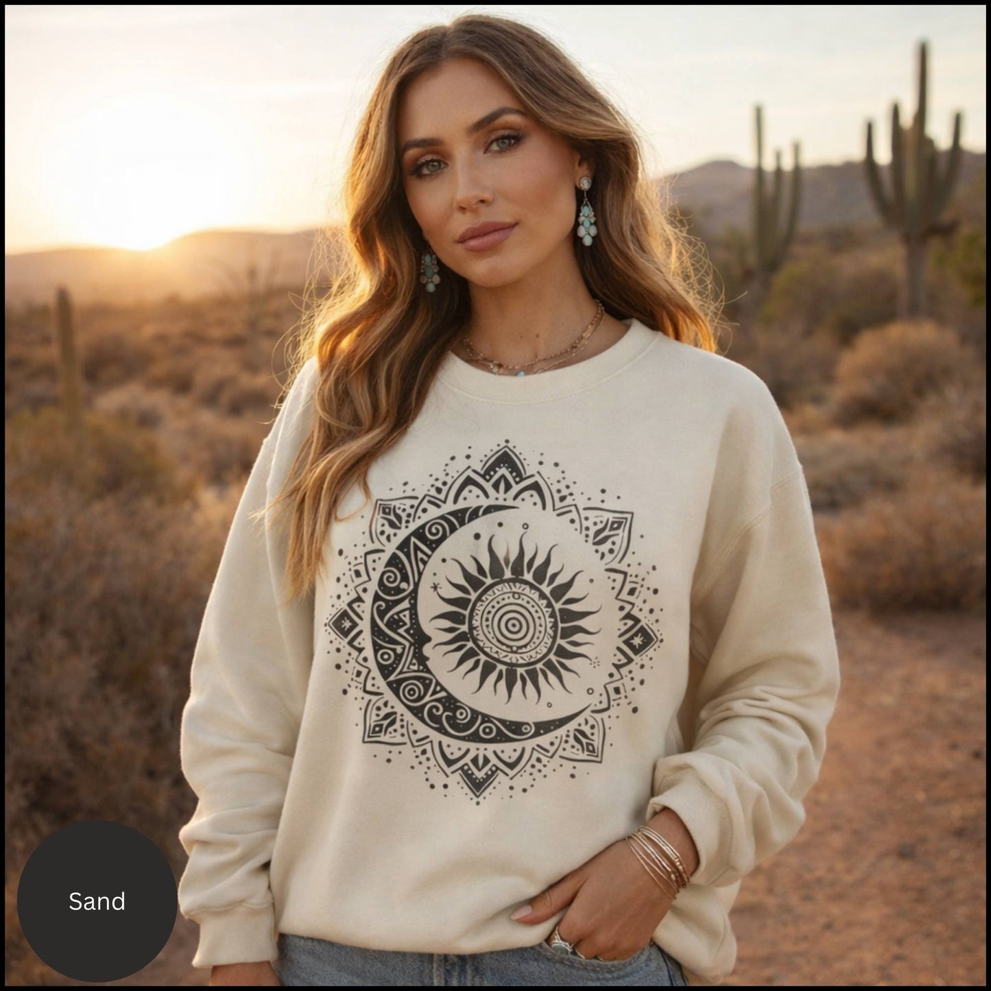 Celestial Sun & Moon Mandala Crewneck – Boho Spiritual Graphic Sweatshirt