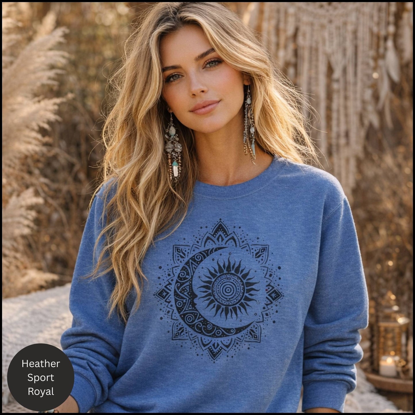 Celestial Sun & Moon Mandala Crewneck – Boho Spiritual Graphic Sweatshirt