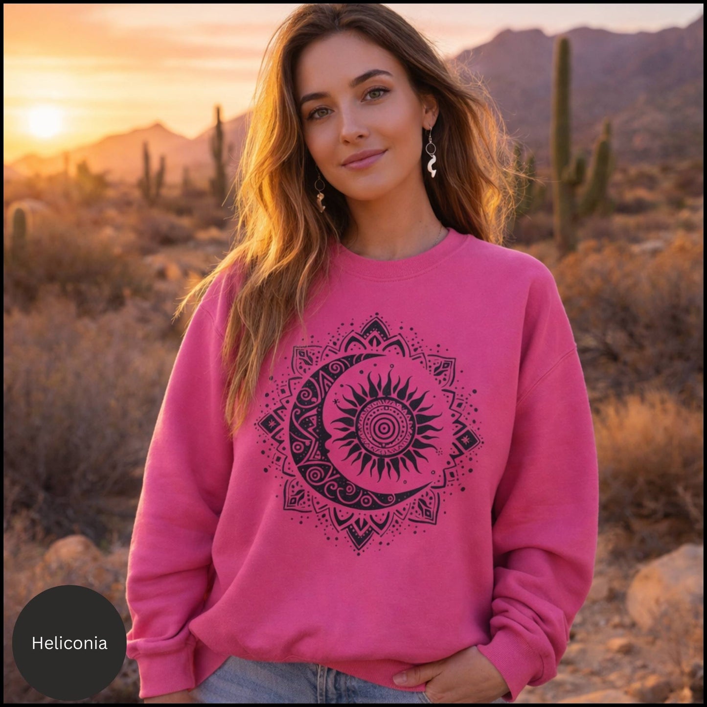 Celestial Sun & Moon Mandala Crewneck – Boho Spiritual Graphic Sweatshirt