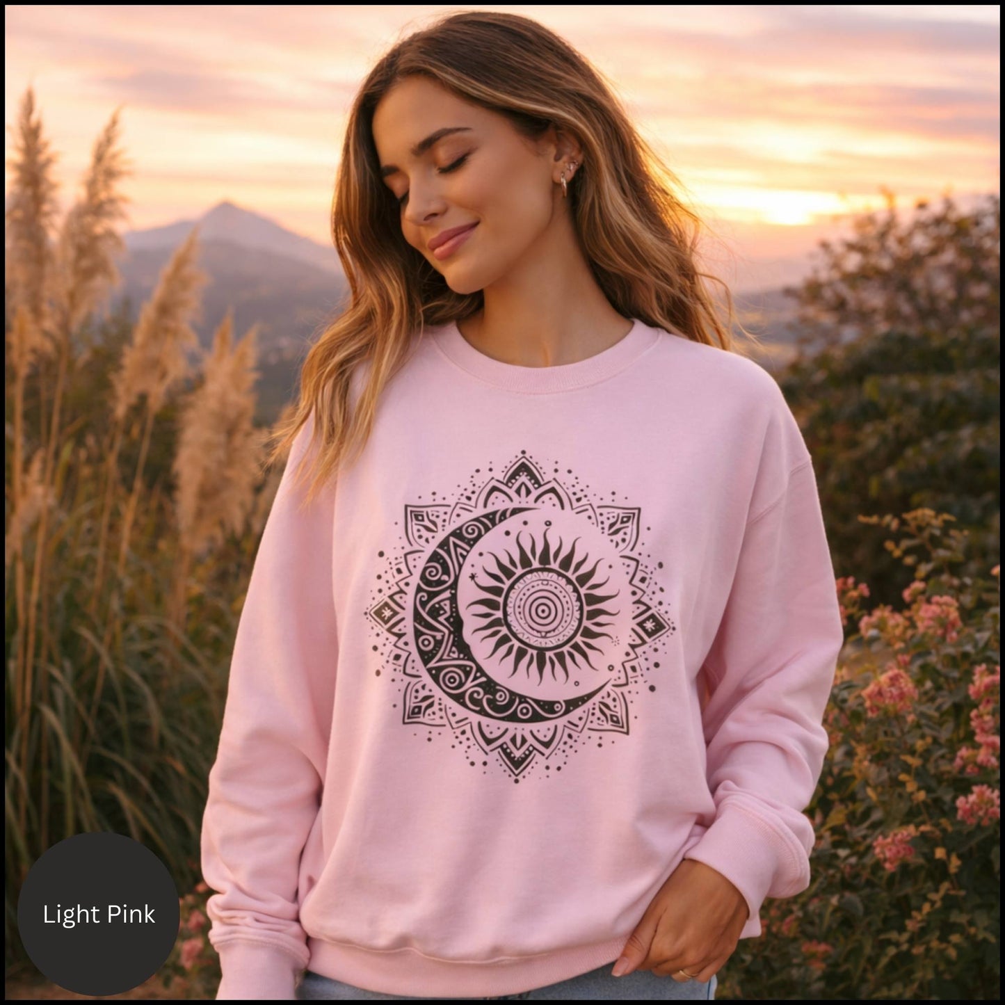 Celestial Sun & Moon Mandala Crewneck – Boho Spiritual Graphic Sweatshirt