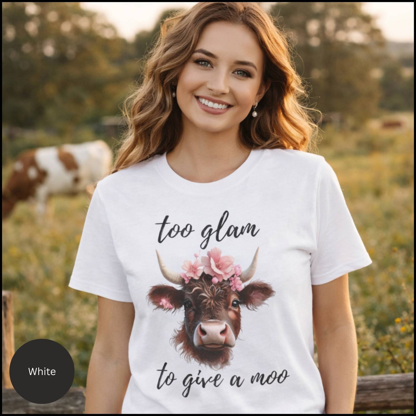 Too Glam to Give a Moo Cow Graphic Tee – Funny Floral Highland Cow T-Shirt