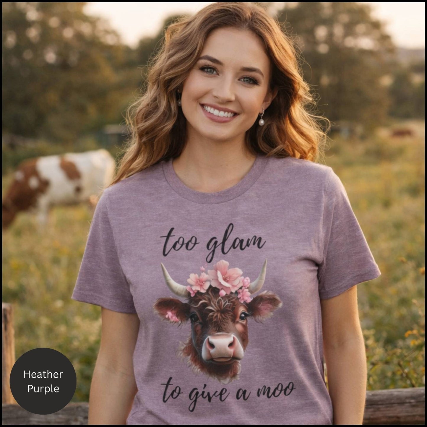 Too Glam to Give a Moo Cow Graphic Tee – Funny Floral Highland Cow T-Shirt