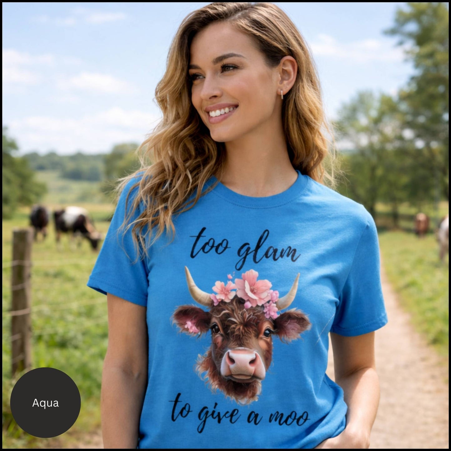 Too Glam to Give a Moo Cow Graphic Tee – Funny Floral Highland Cow T-Shirt