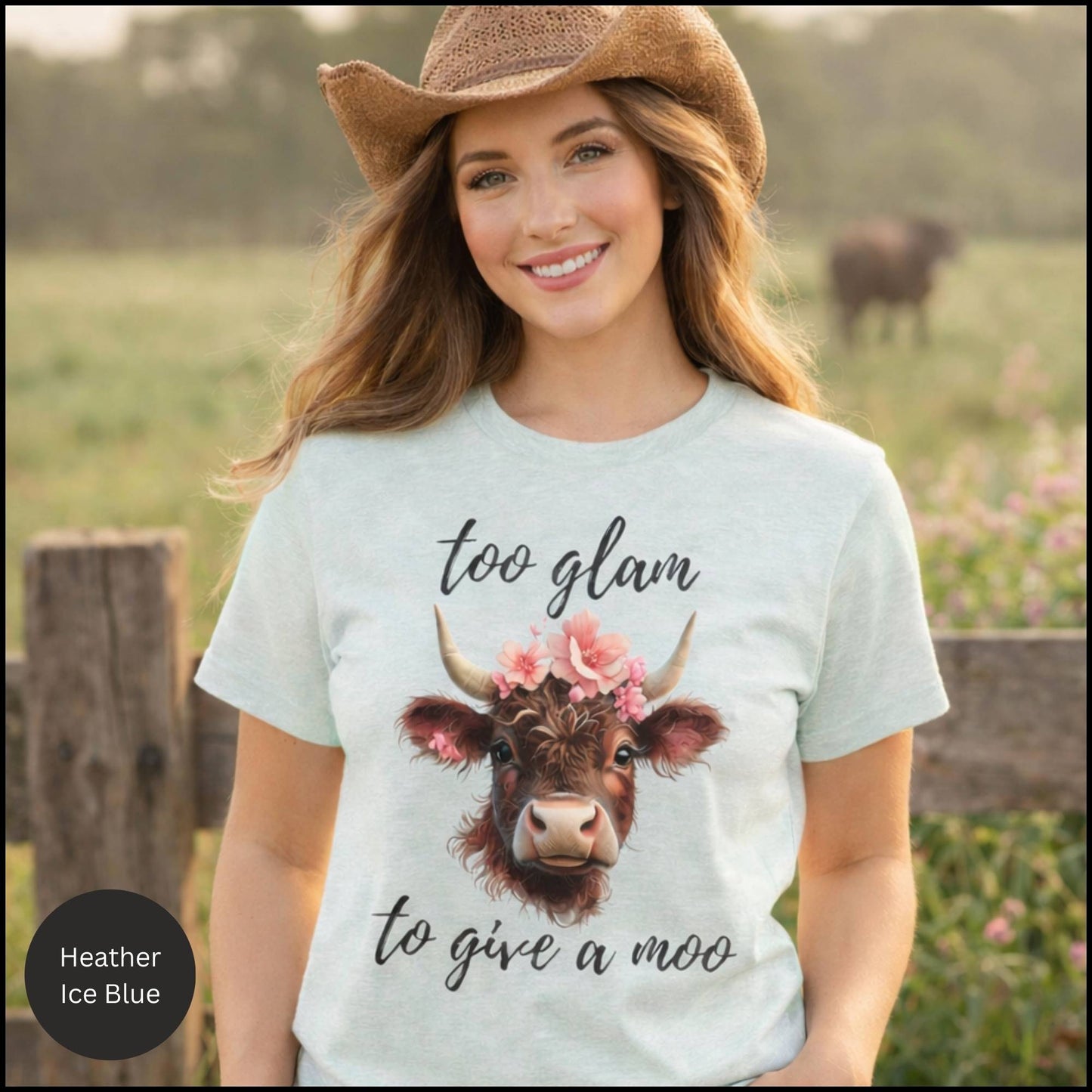 Too Glam to Give a Moo Cow Graphic Tee – Funny Floral Highland Cow T-Shirt