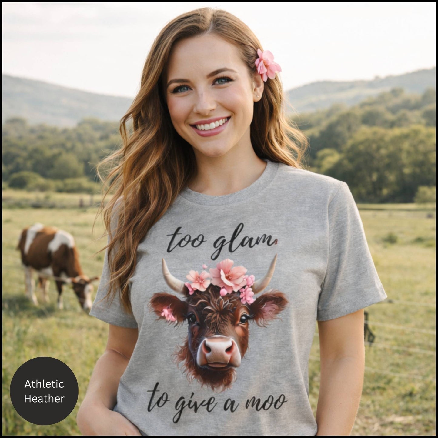 Too Glam to Give a Moo Cow Graphic Tee – Funny Floral Highland Cow T-Shirt