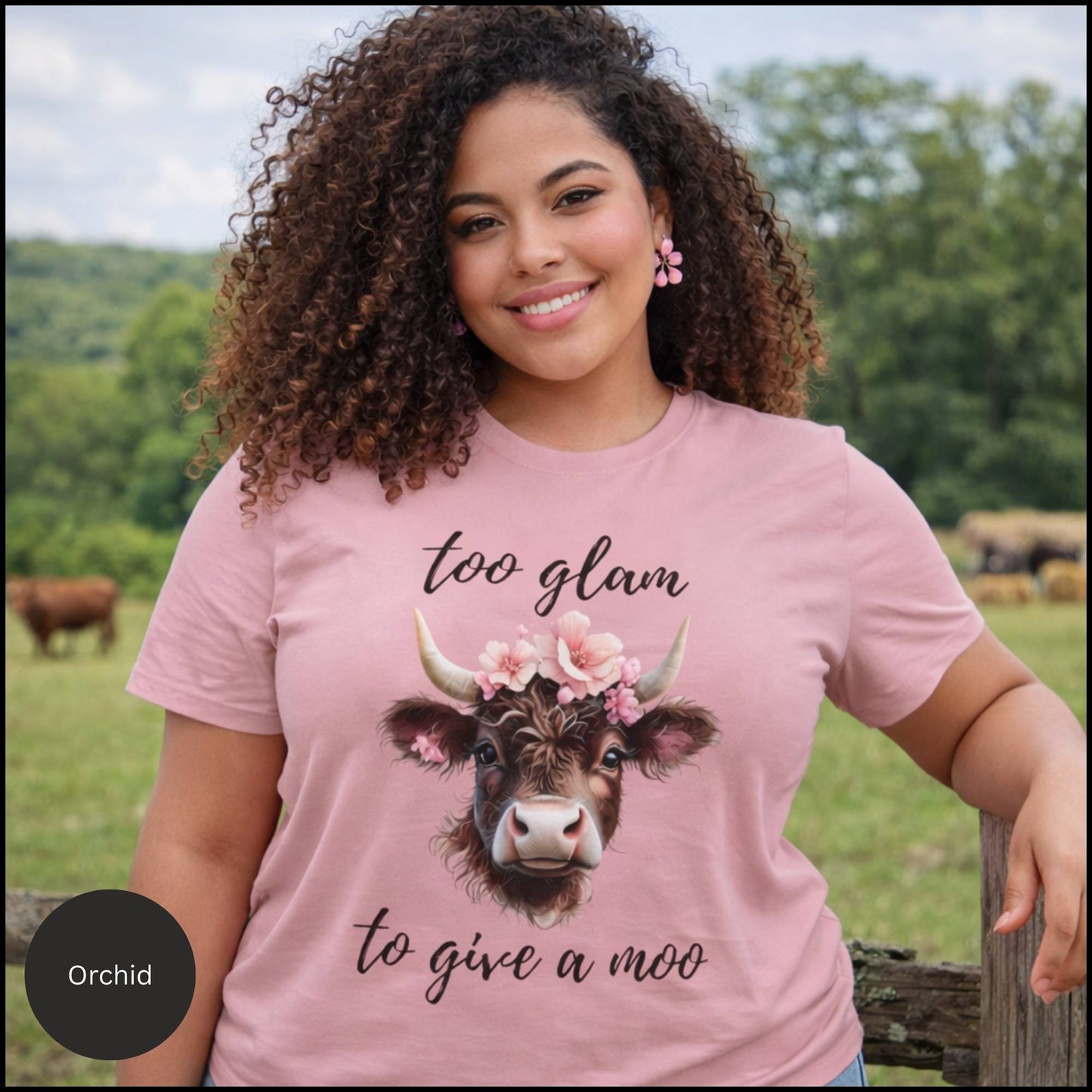 Too Glam to Give a Moo Cow Graphic Tee – Funny Floral Highland Cow T-Shirt