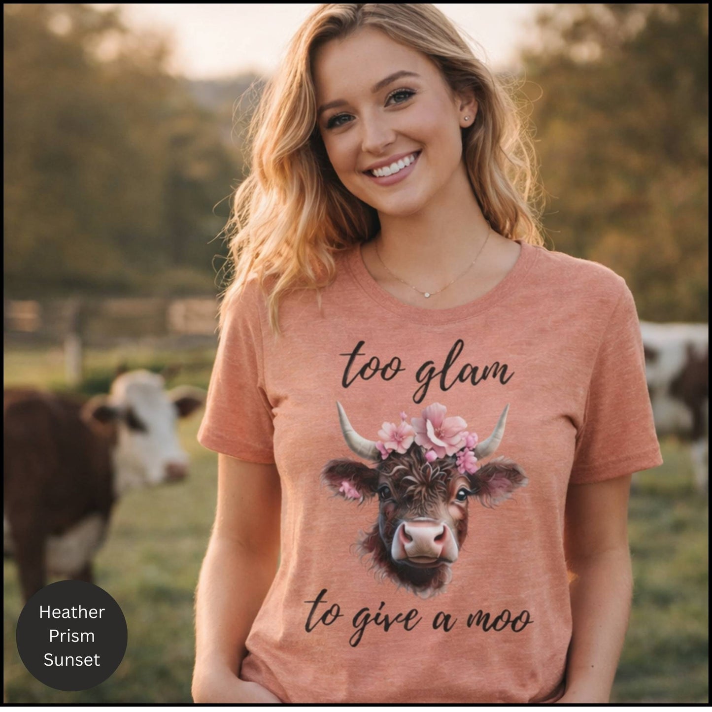 Too Glam to Give a Moo Cow Graphic Tee – Funny Floral Highland Cow T-Shirt
