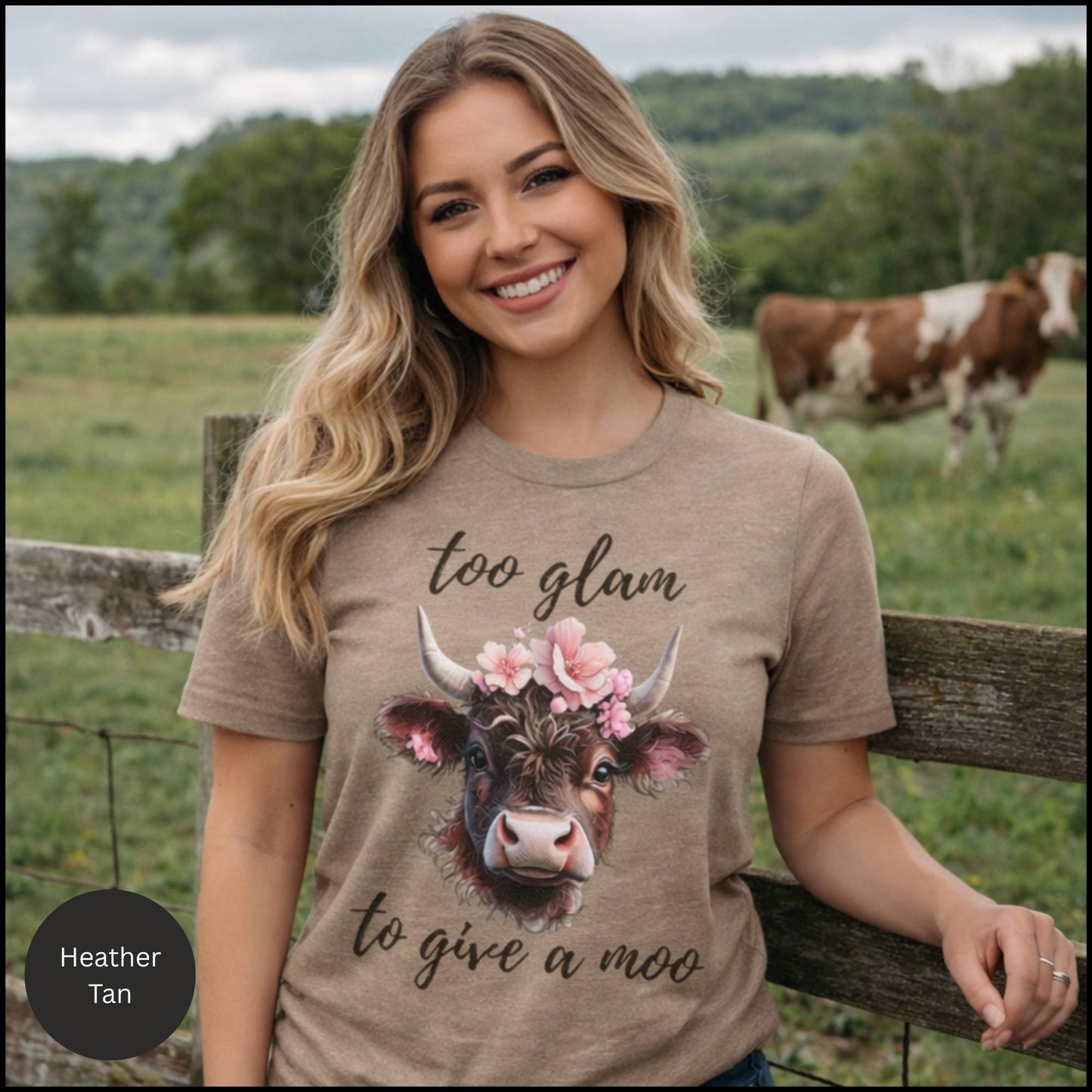 Too Glam to Give a Moo Cow Graphic Tee – Funny Floral Highland Cow T-Shirt