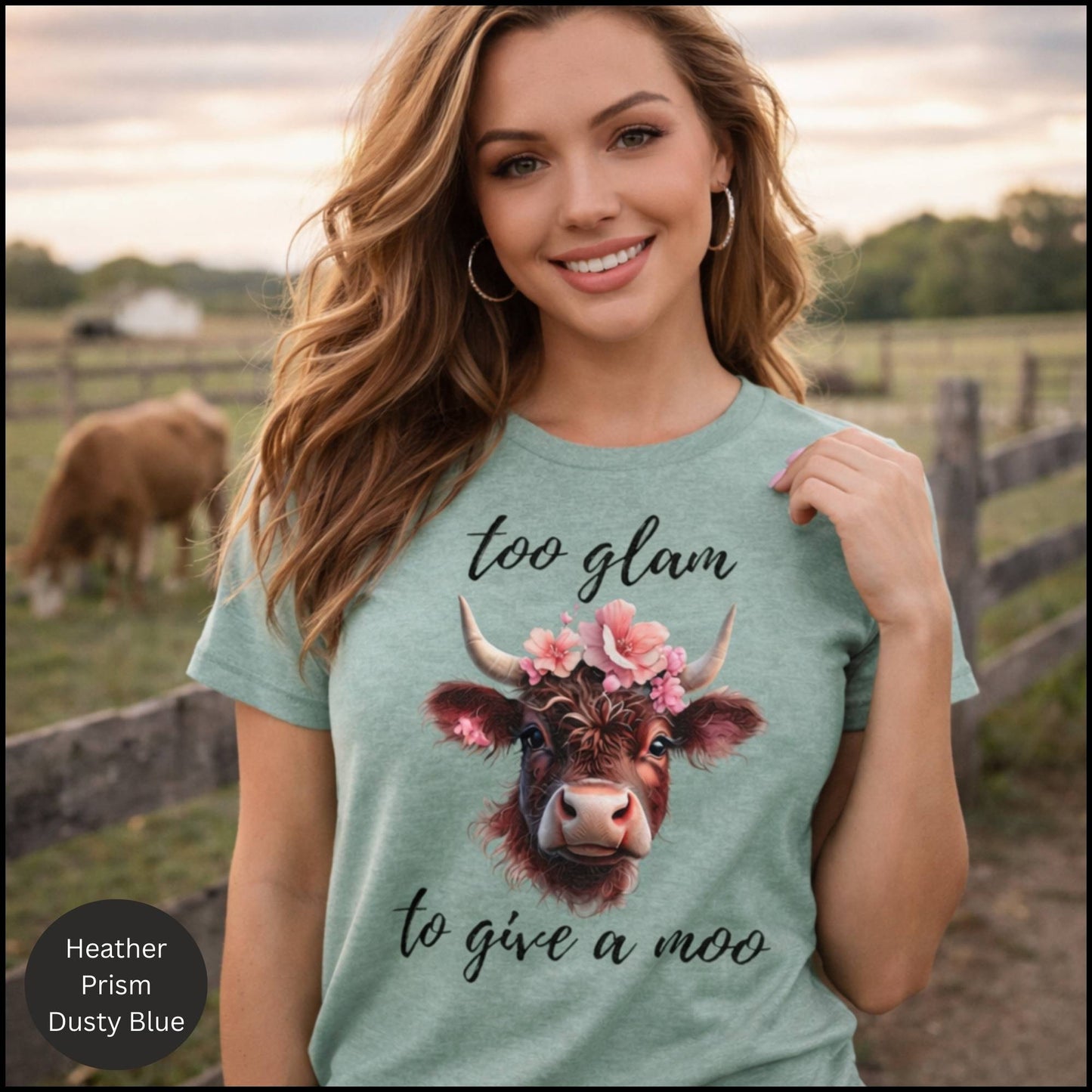 Too Glam to Give a Moo Cow Graphic Tee – Funny Floral Highland Cow T-Shirt