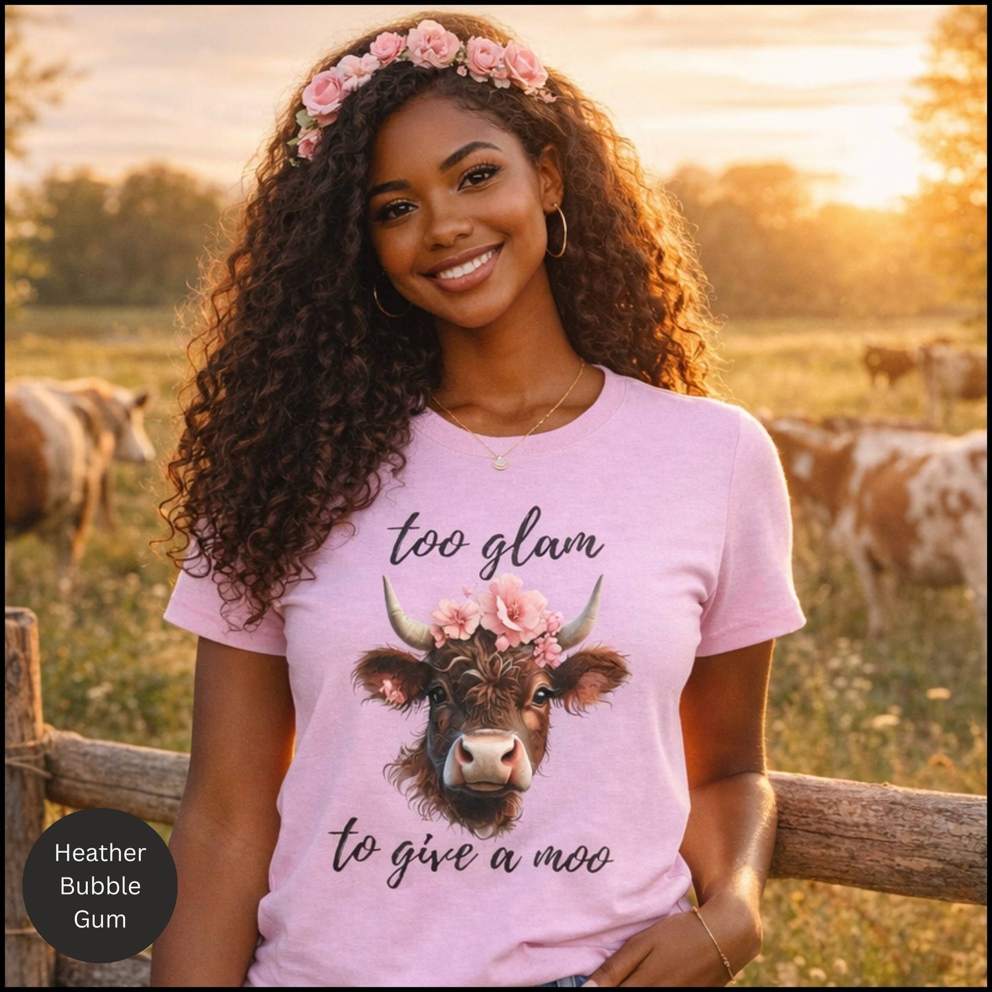 Too Glam to Give a Moo Cow Graphic Tee – Funny Floral Highland Cow T-Shirt