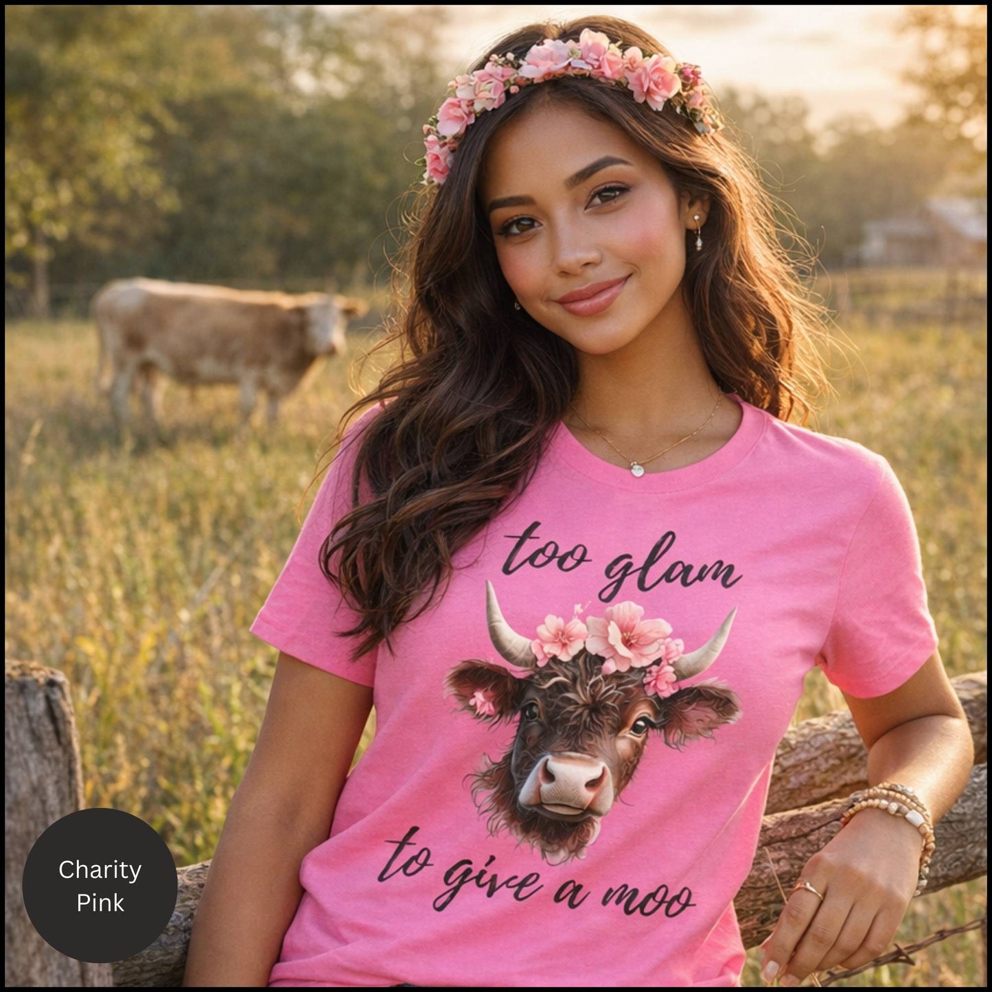 Too Glam to Give a Moo Cow Graphic Tee – Funny Floral Highland Cow T-Shirt