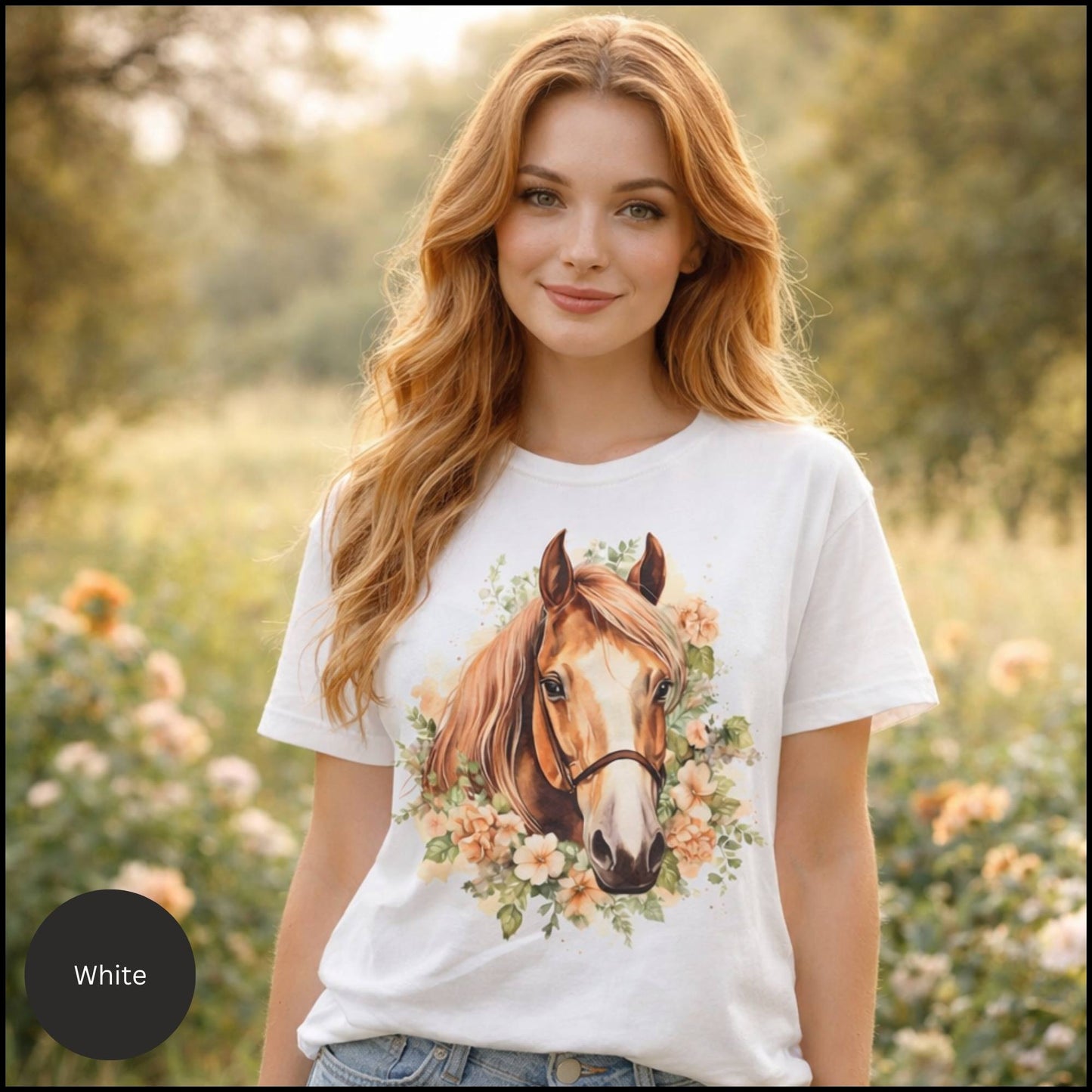 Floral Horse Portrait Graphic Tee – Feminine Equestrian Horse Lover T-Shirt