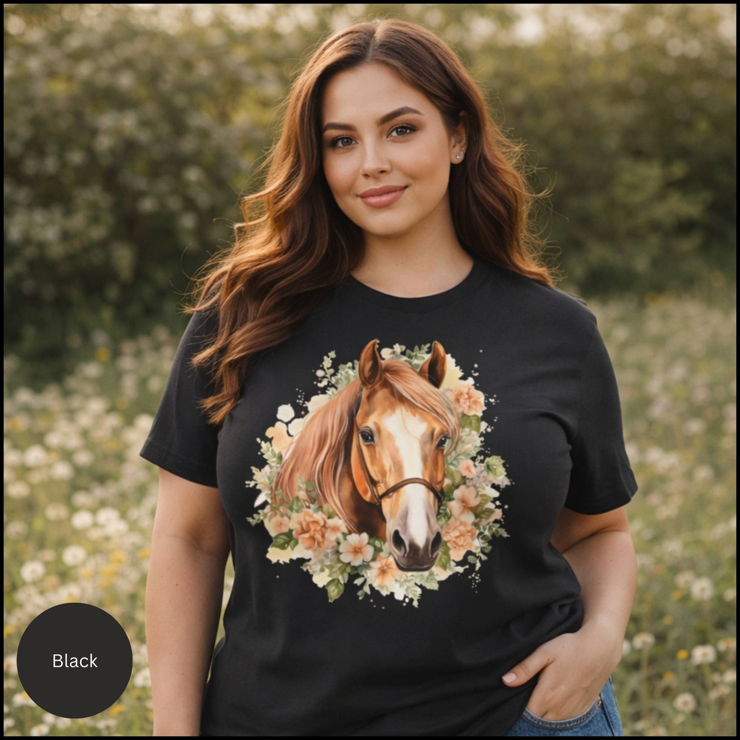 Floral Horse Portrait Graphic Tee – Feminine Equestrian Horse Lover T-Shirt