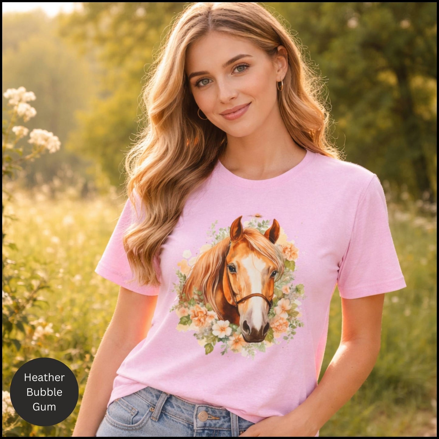 Floral Horse Portrait Graphic Tee – Feminine Equestrian Horse Lover T-Shirt