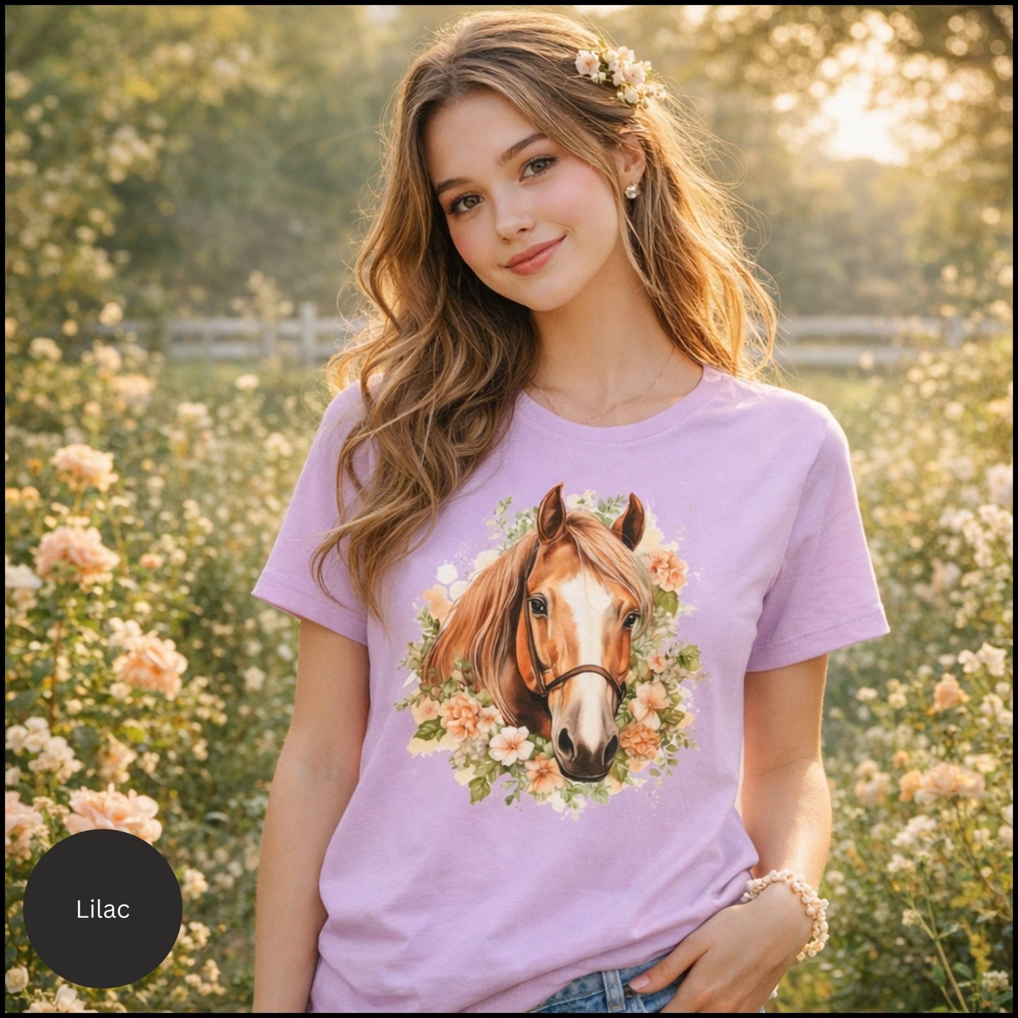 Floral Horse Portrait Graphic Tee – Feminine Equestrian Horse Lover T-Shirt