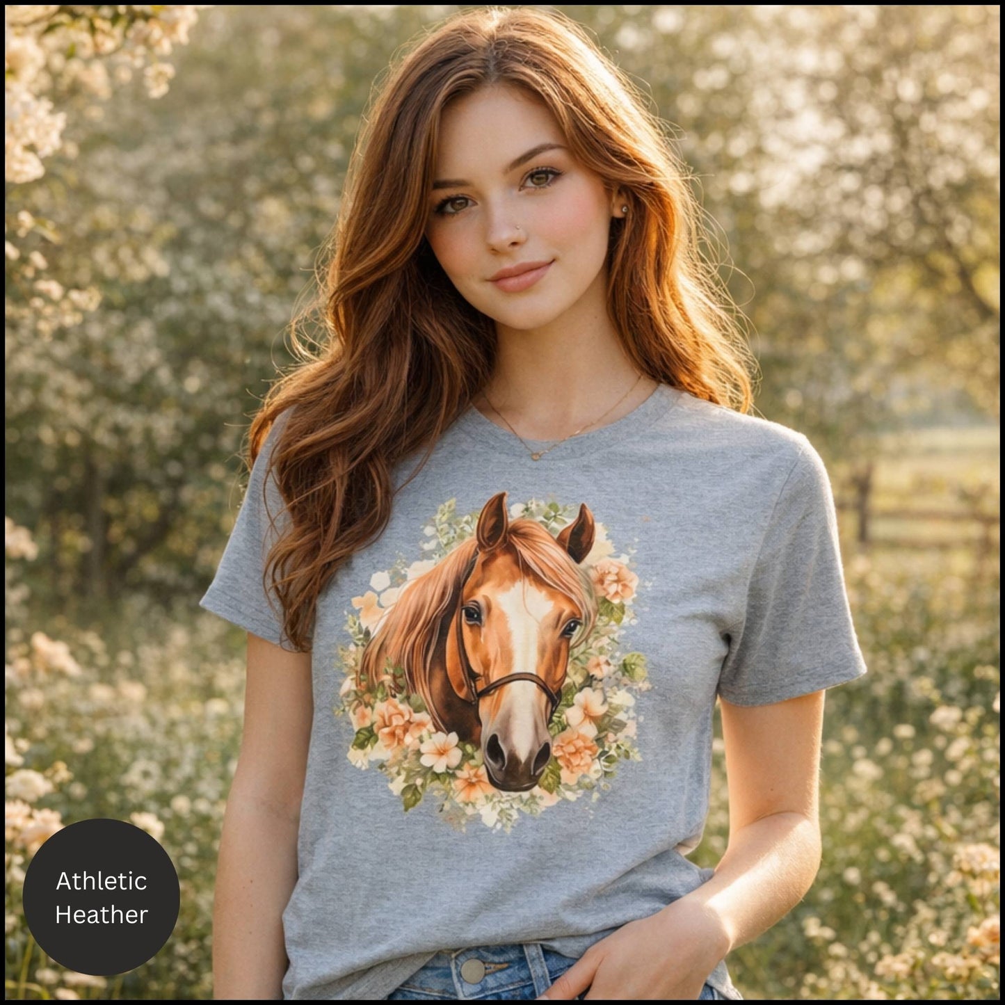 Floral Horse Portrait Graphic Tee – Feminine Equestrian Horse Lover T-Shirt