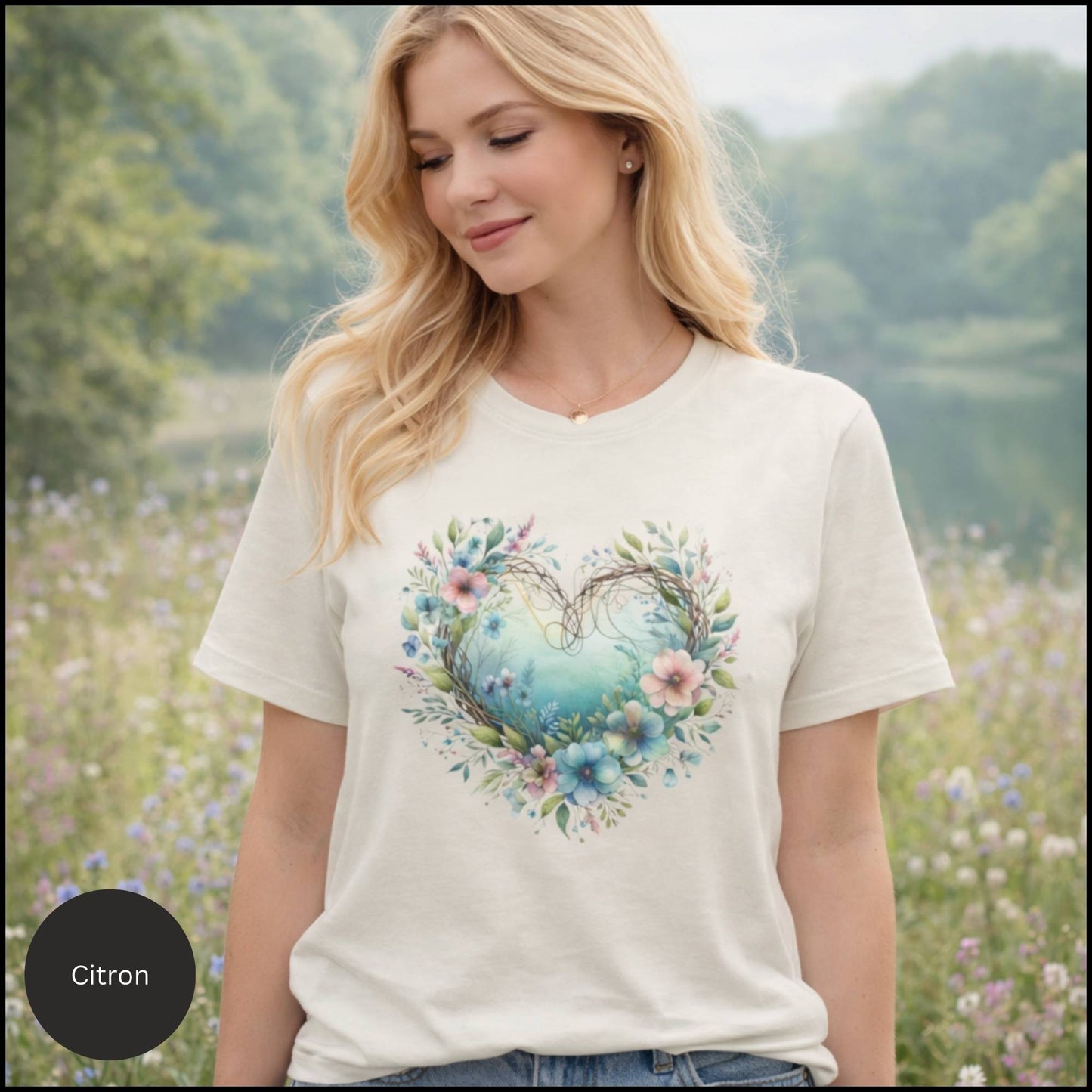 Floral Heart Wreath Graphic Tee – Soft Cottagecore Boho Floral Heart T-Shirt