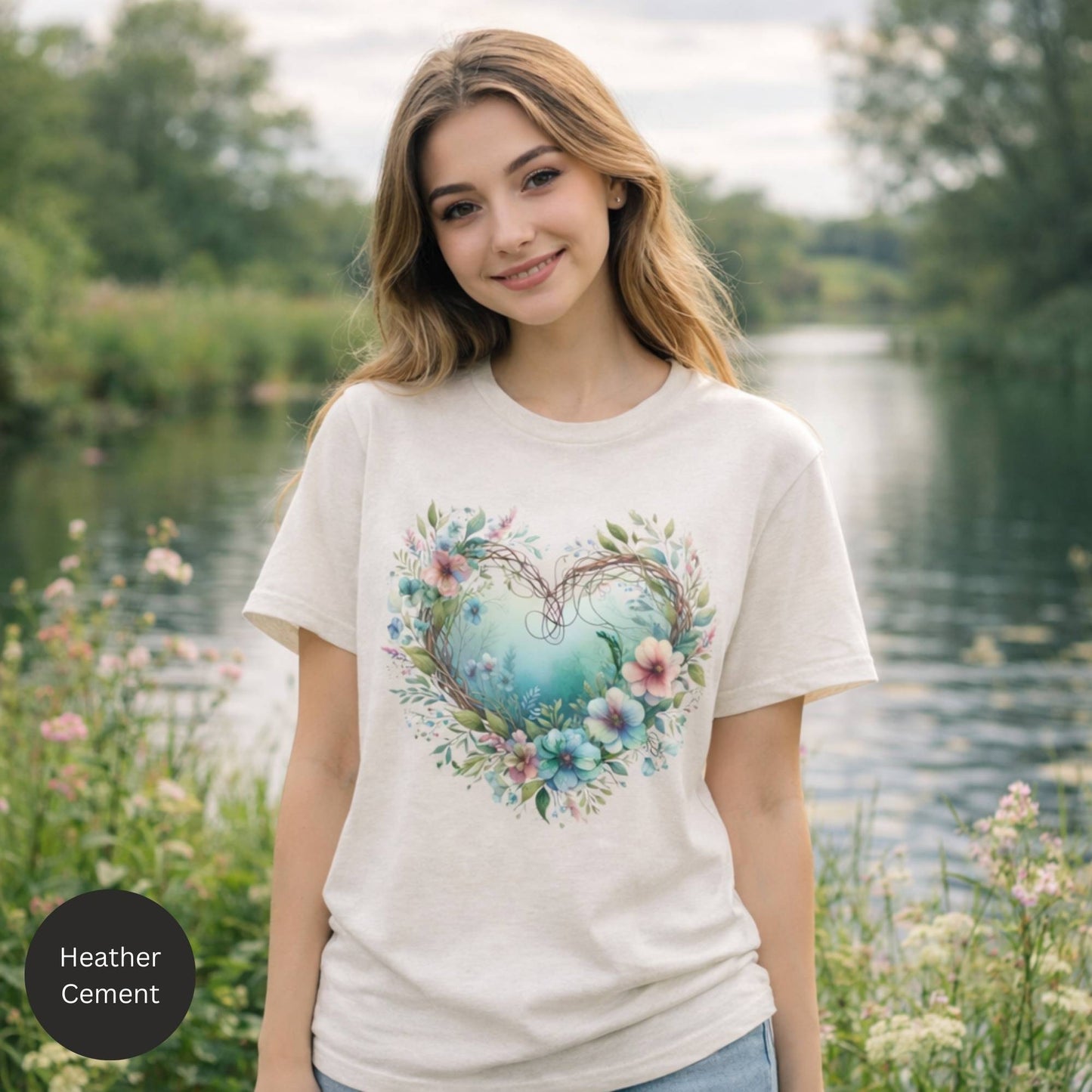 Floral Heart Wreath Graphic Tee – Soft Cottagecore Boho Floral Heart T-Shirt