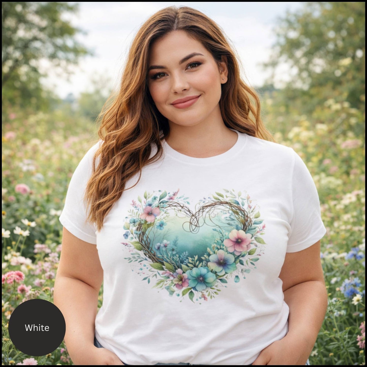 Floral Heart Wreath Graphic Tee – Soft Cottagecore Boho Floral Heart T-Shirt