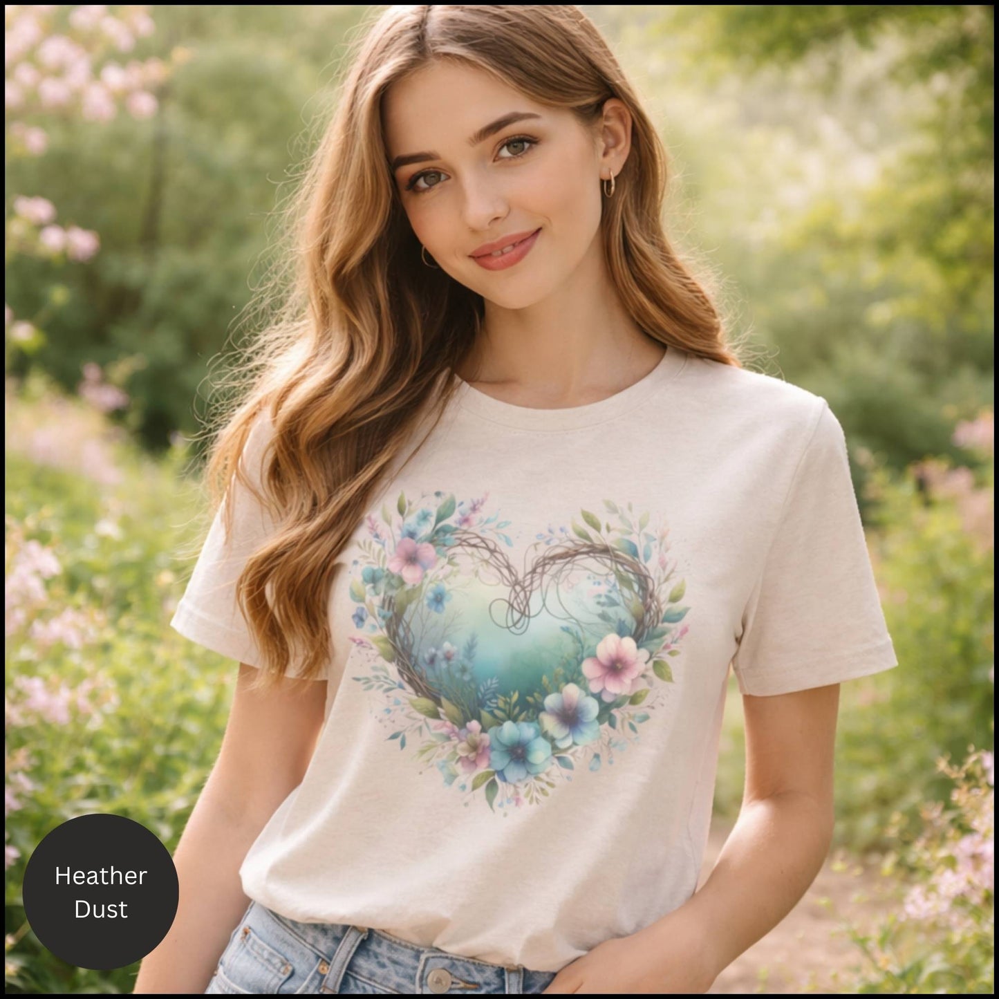 Floral Heart Wreath Graphic Tee – Soft Cottagecore Boho Floral Heart T-Shirt