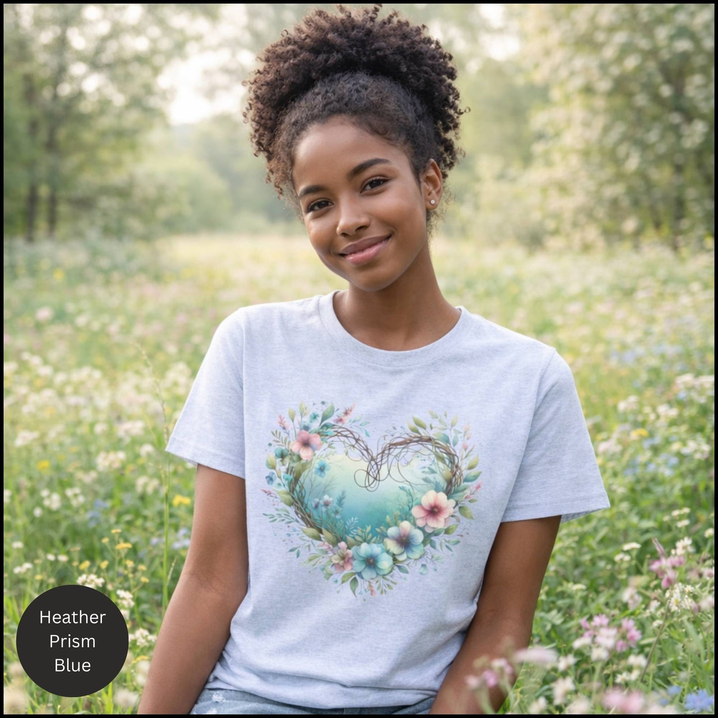 Floral Heart Wreath Graphic Tee – Soft Cottagecore Boho Floral Heart T-Shirt