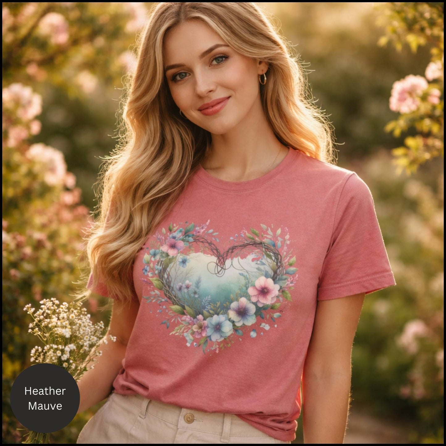 Floral Heart Wreath Graphic Tee – Soft Cottagecore Boho Floral Heart T-Shirt