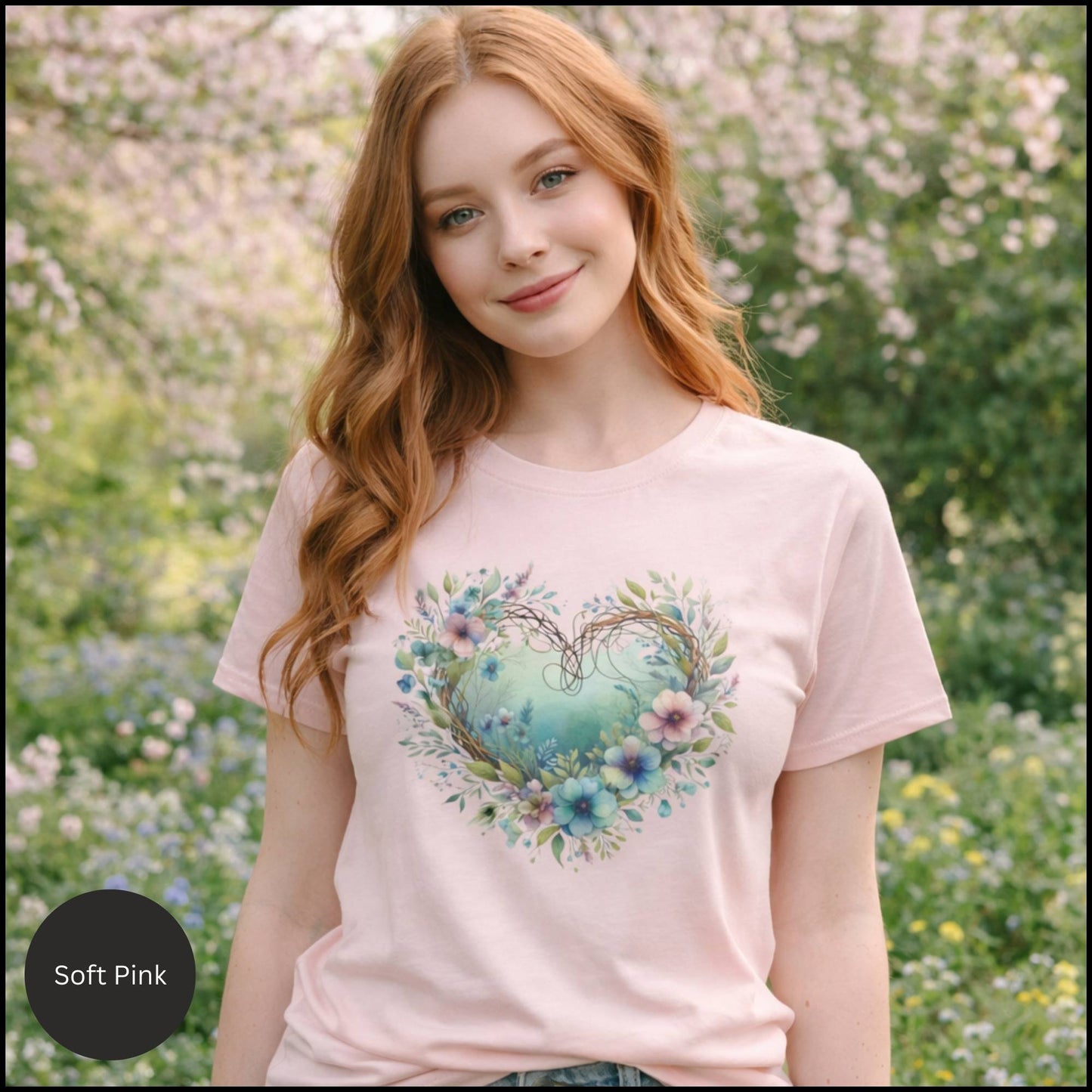 Floral Heart Wreath Graphic Tee – Soft Cottagecore Boho Floral Heart T-Shirt