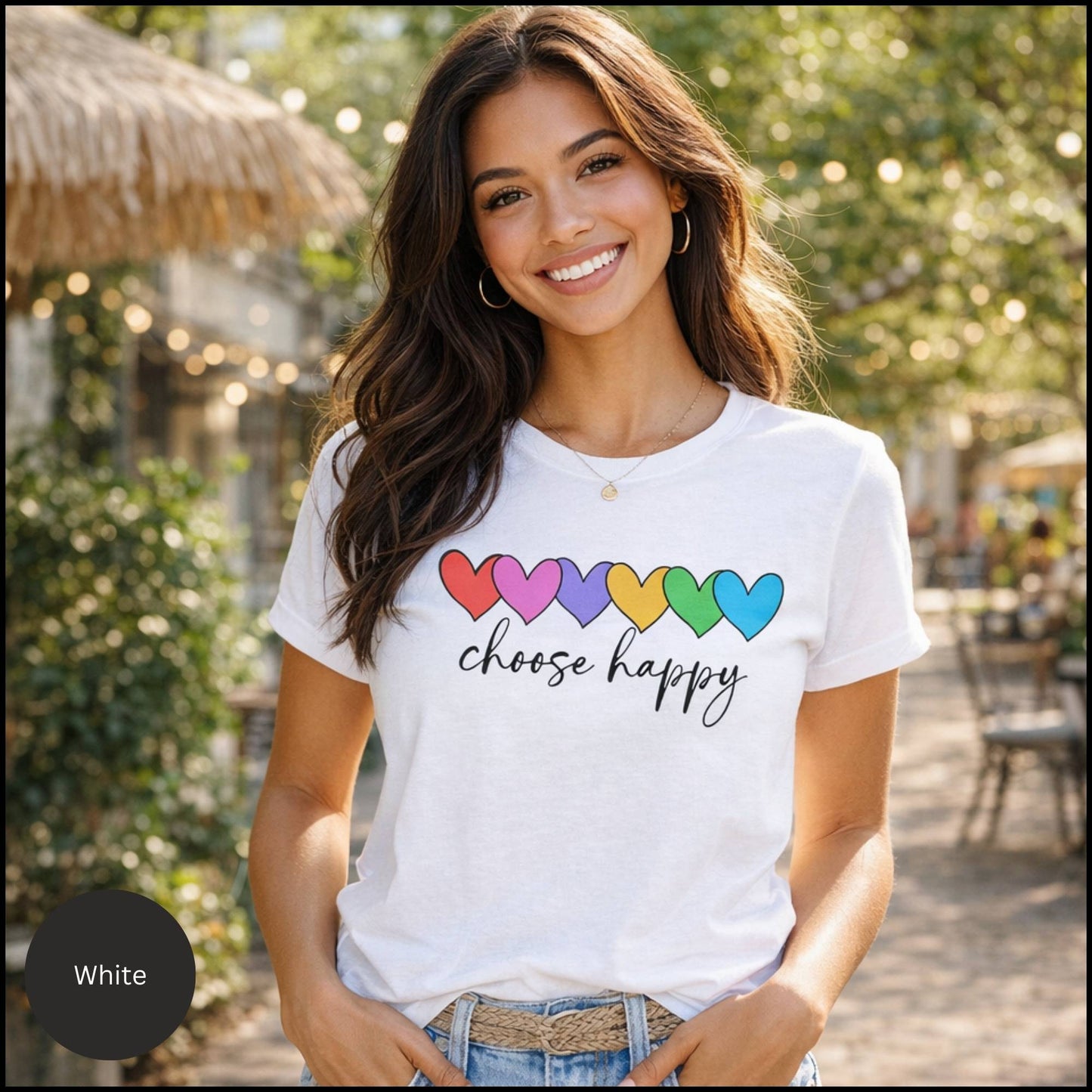Choose Happy Rainbow Hearts Graphic Tee – Positive Affirmation Feel-Good T-Shirt