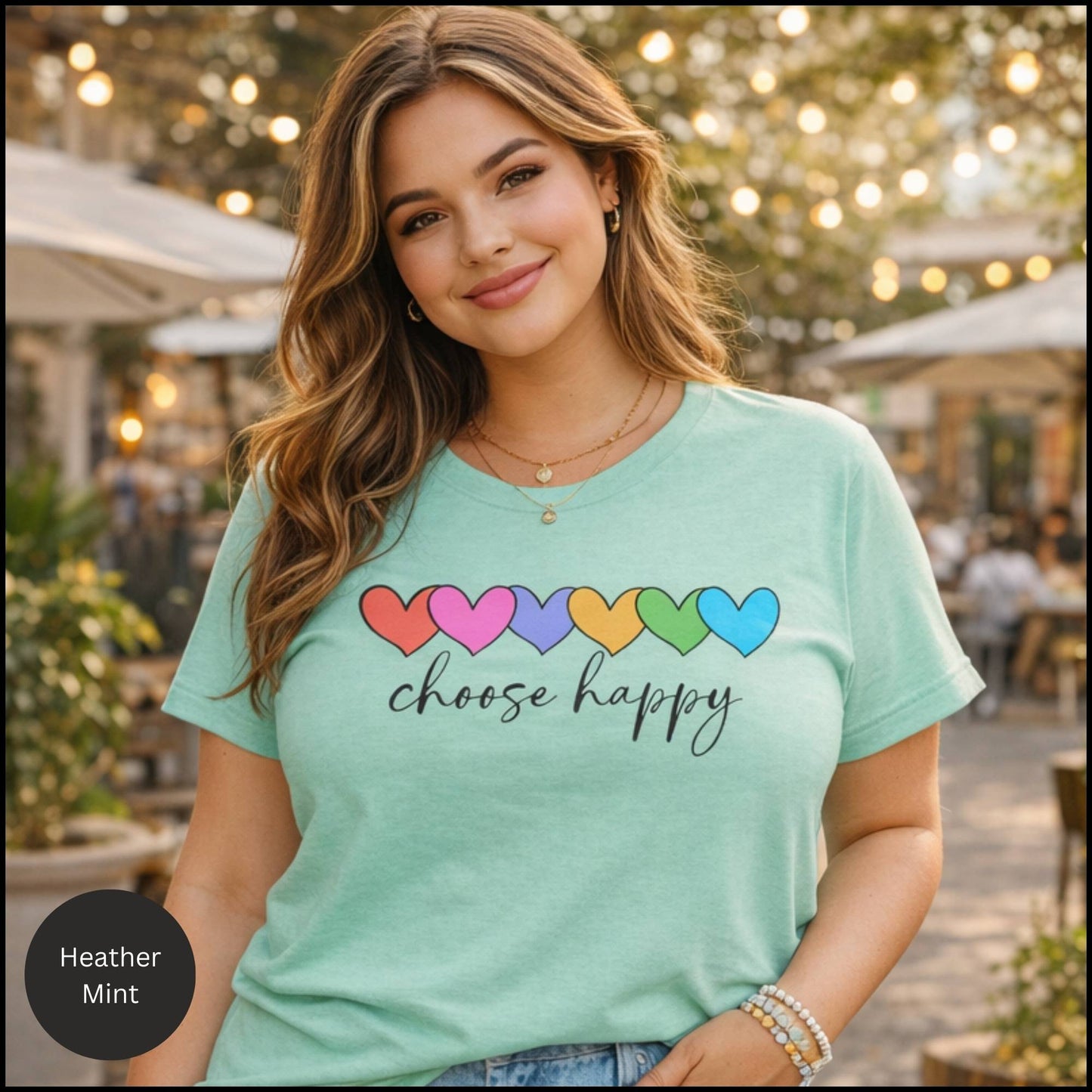 Choose Happy Rainbow Hearts Graphic Tee – Positive Affirmation Feel-Good T-Shirt