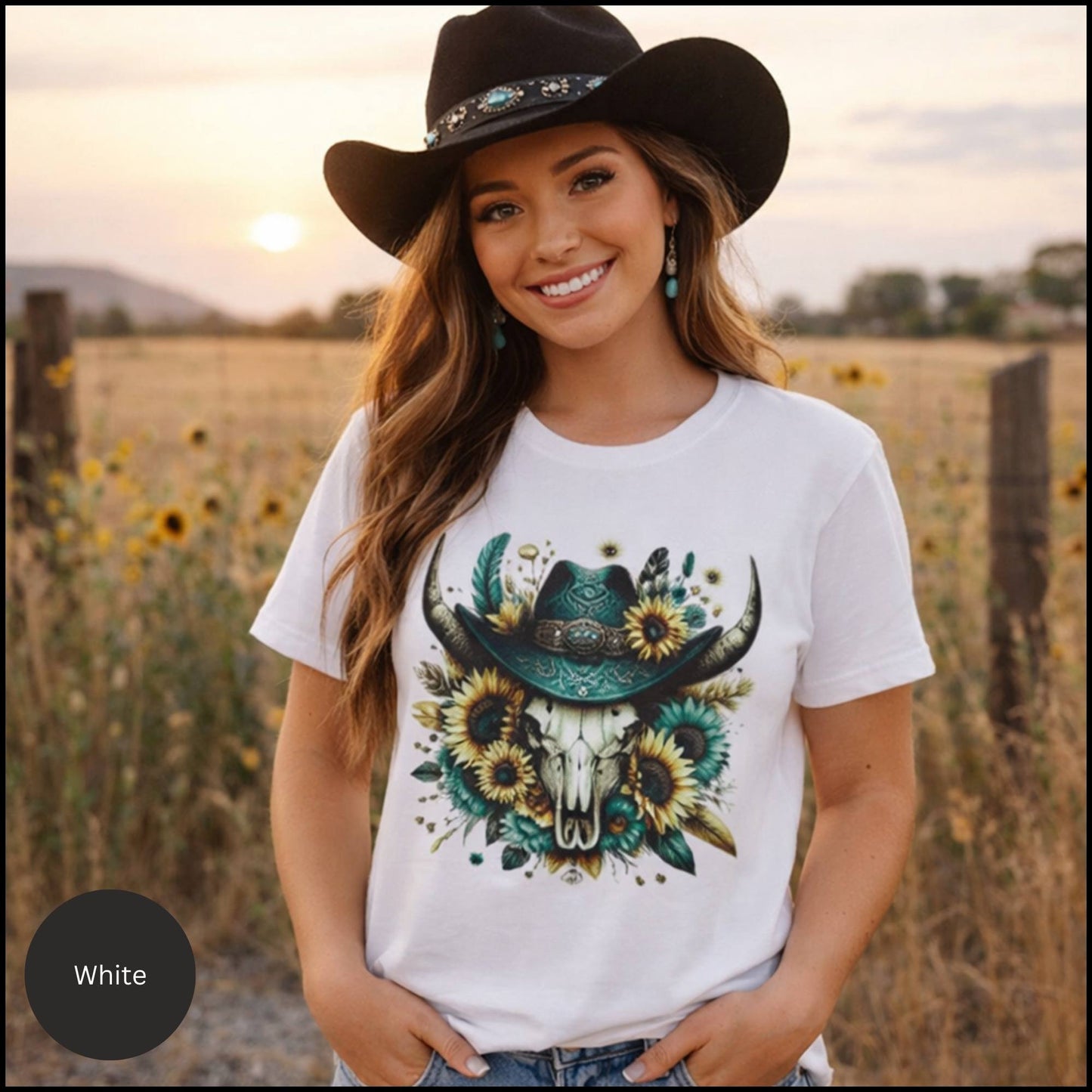 Sunflower Cow Skull Cowgirl Graphic Tee – Western Boho Bull Skull T-Shirt