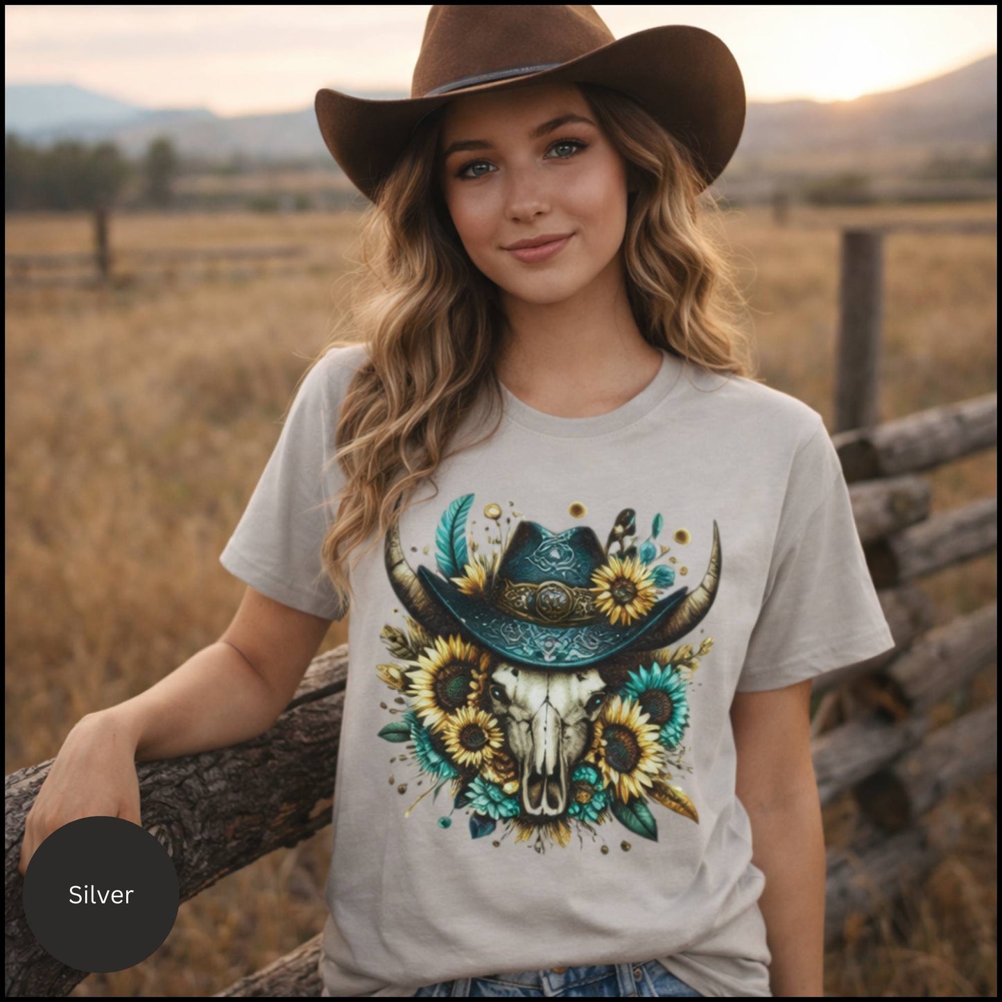 Sunflower Cow Skull Cowgirl Graphic Tee – Western Boho Bull Skull T-Shirt
