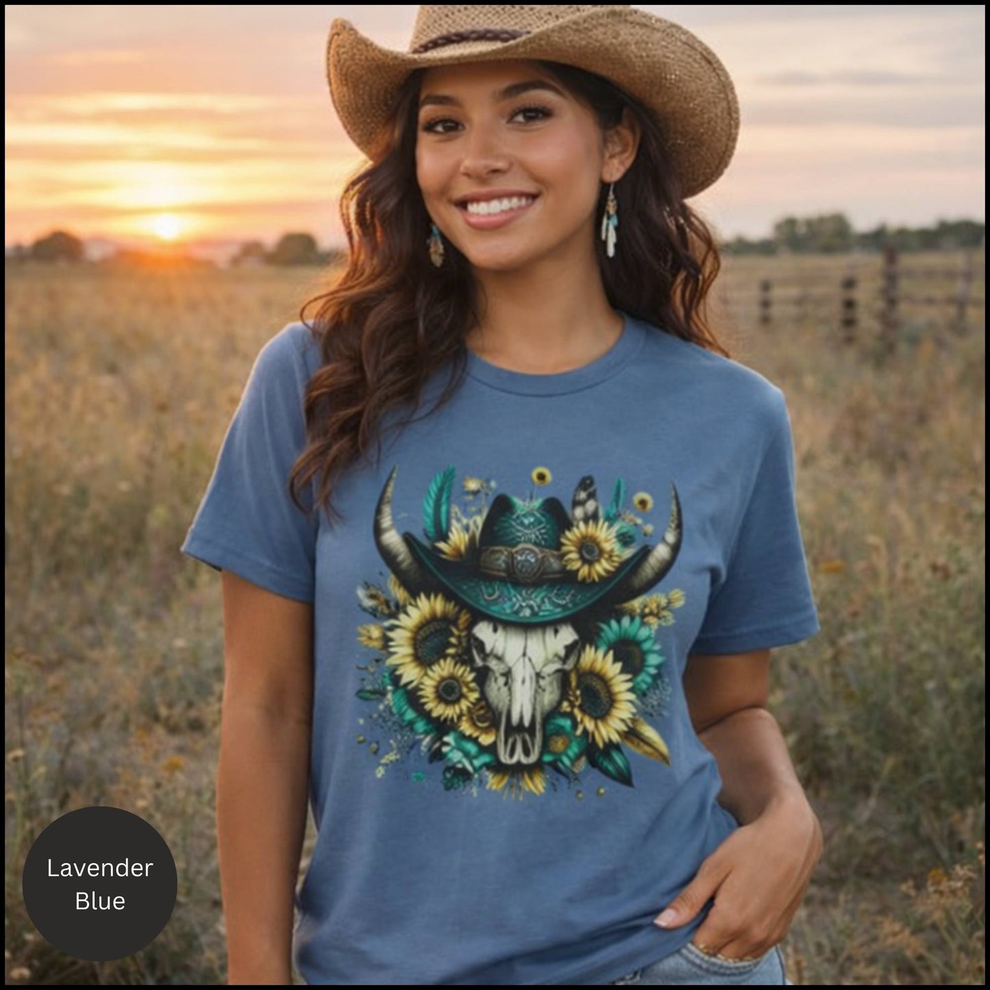 Sunflower Cow Skull Cowgirl Graphic Tee – Western Boho Bull Skull T-Shirt