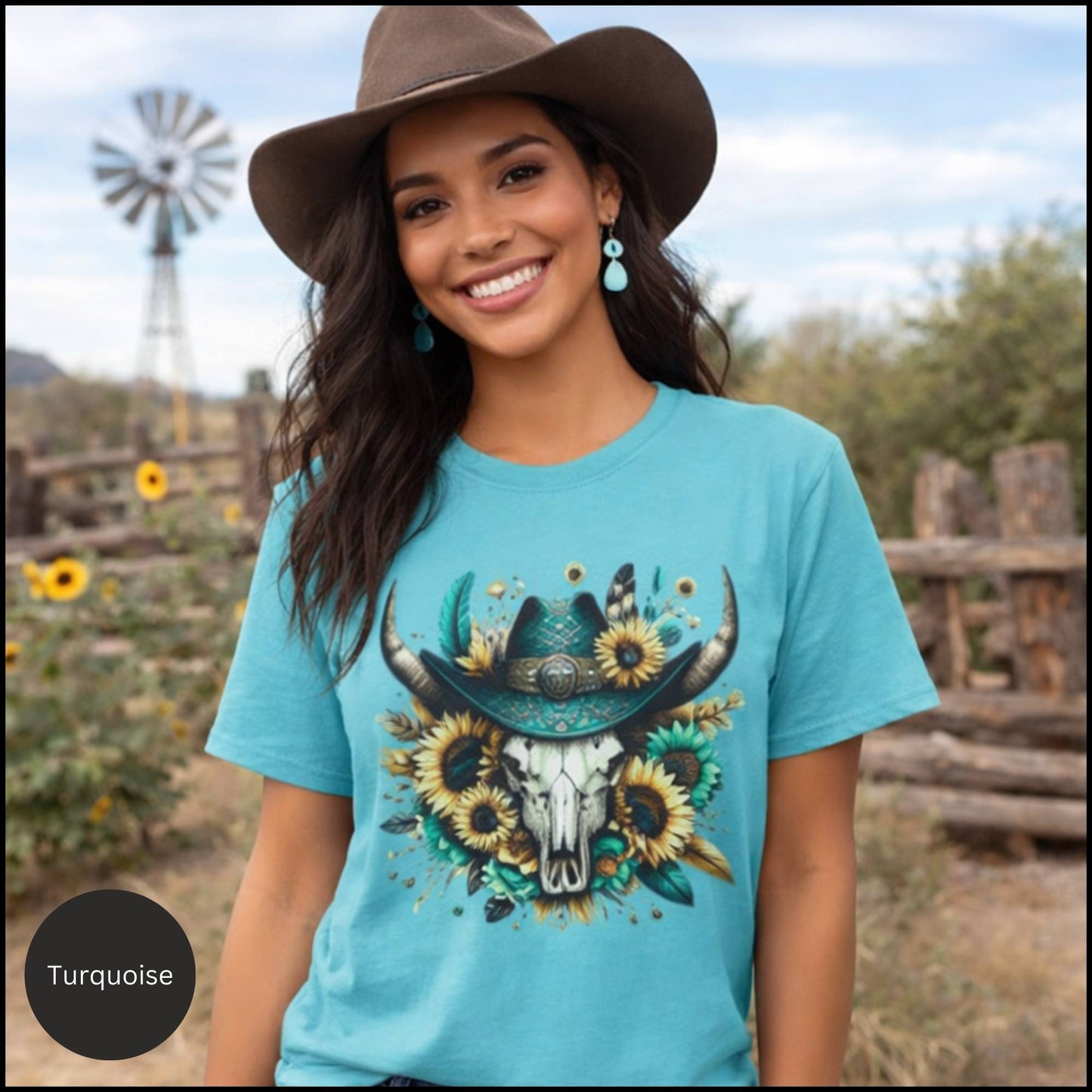 Sunflower Cow Skull Cowgirl Graphic Tee – Western Boho Bull Skull T-Shirt